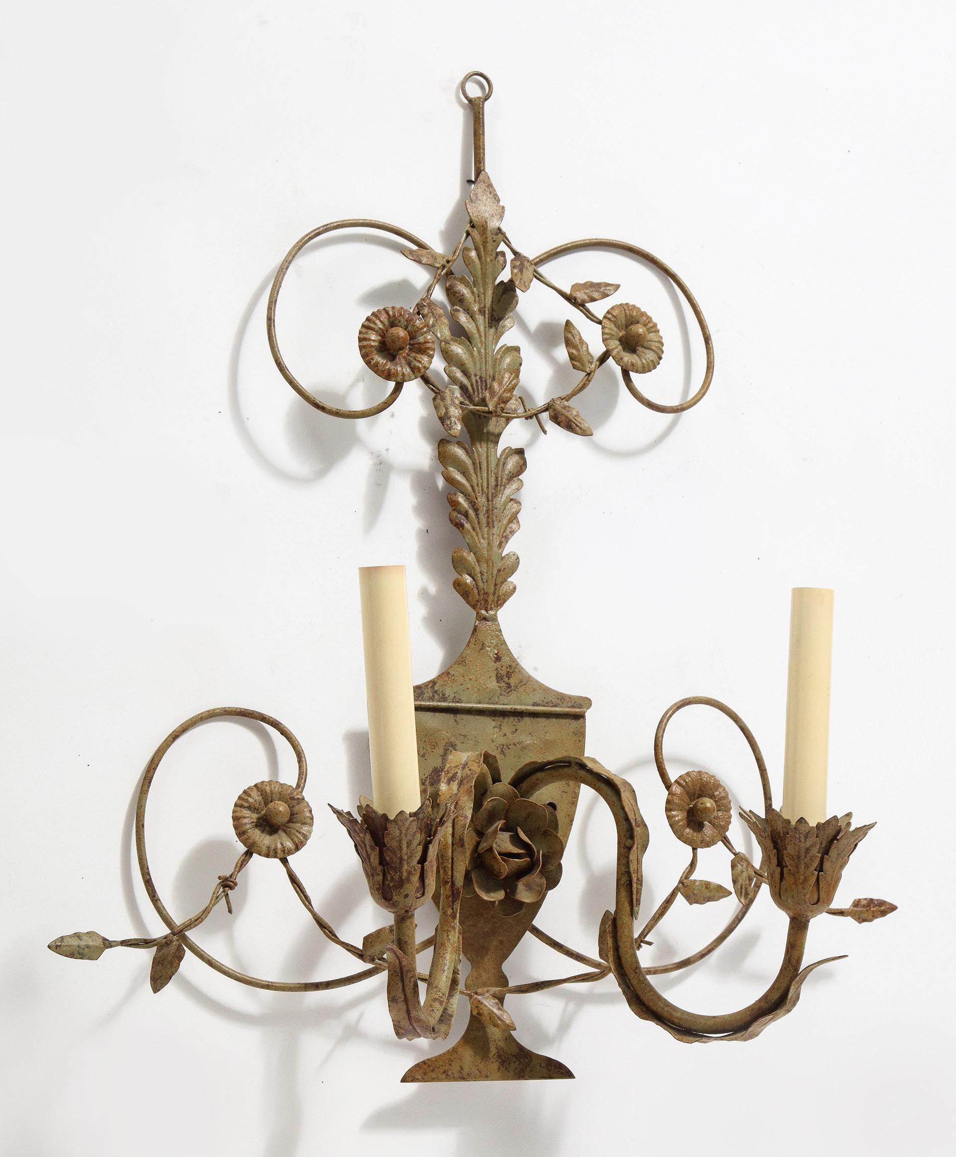 19th Century Pair of Painted Tole Sconces For Sale