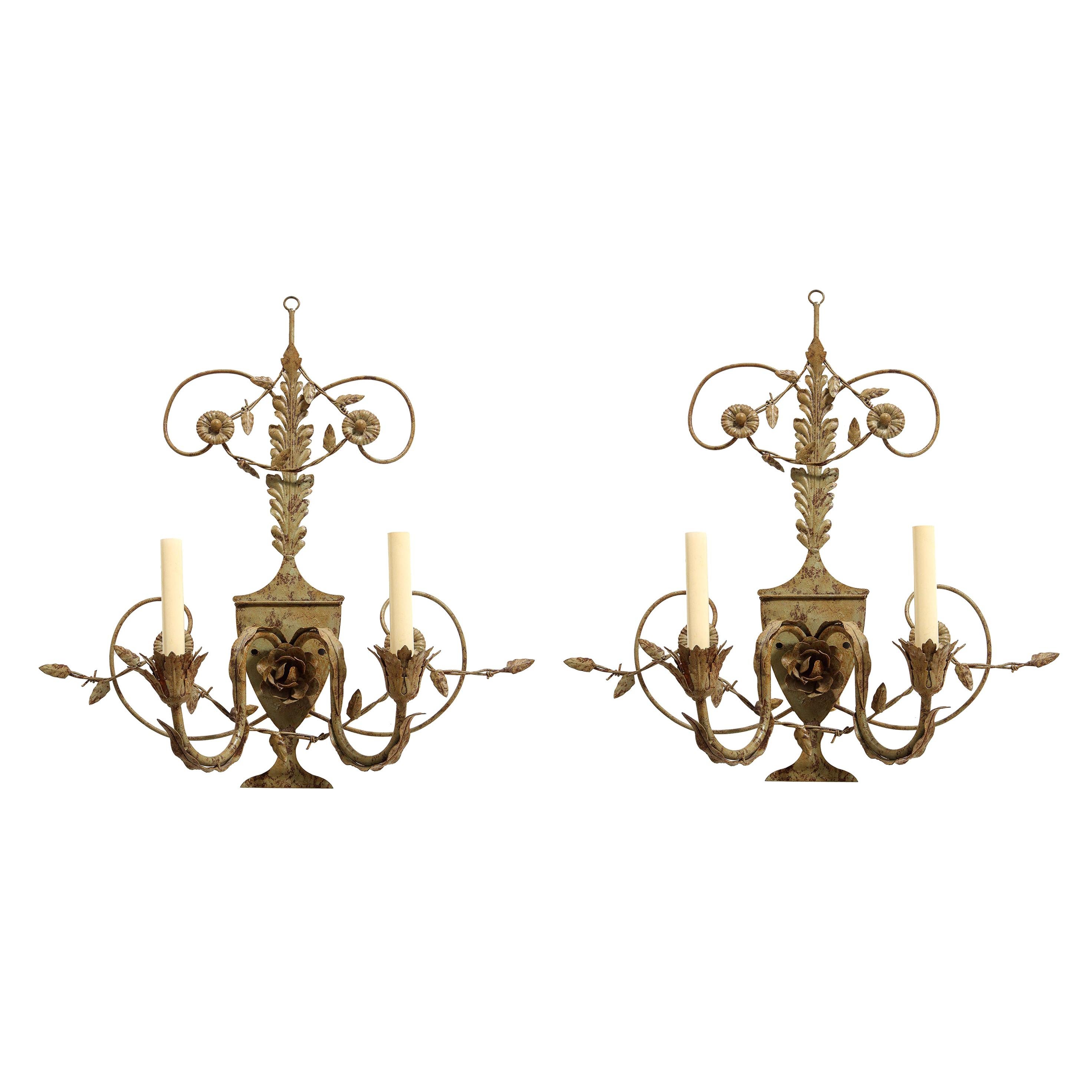 Pair of Painted Tole Sconces For Sale