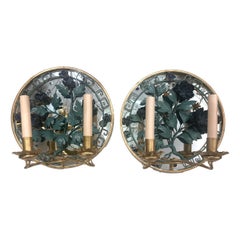 Pair of Painted Tole Sconces with Mirror Back