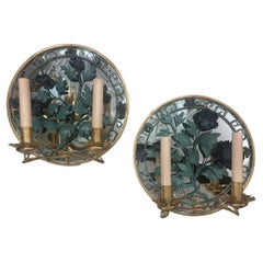 Pair of Painted Tole Sconces with Mirror Back