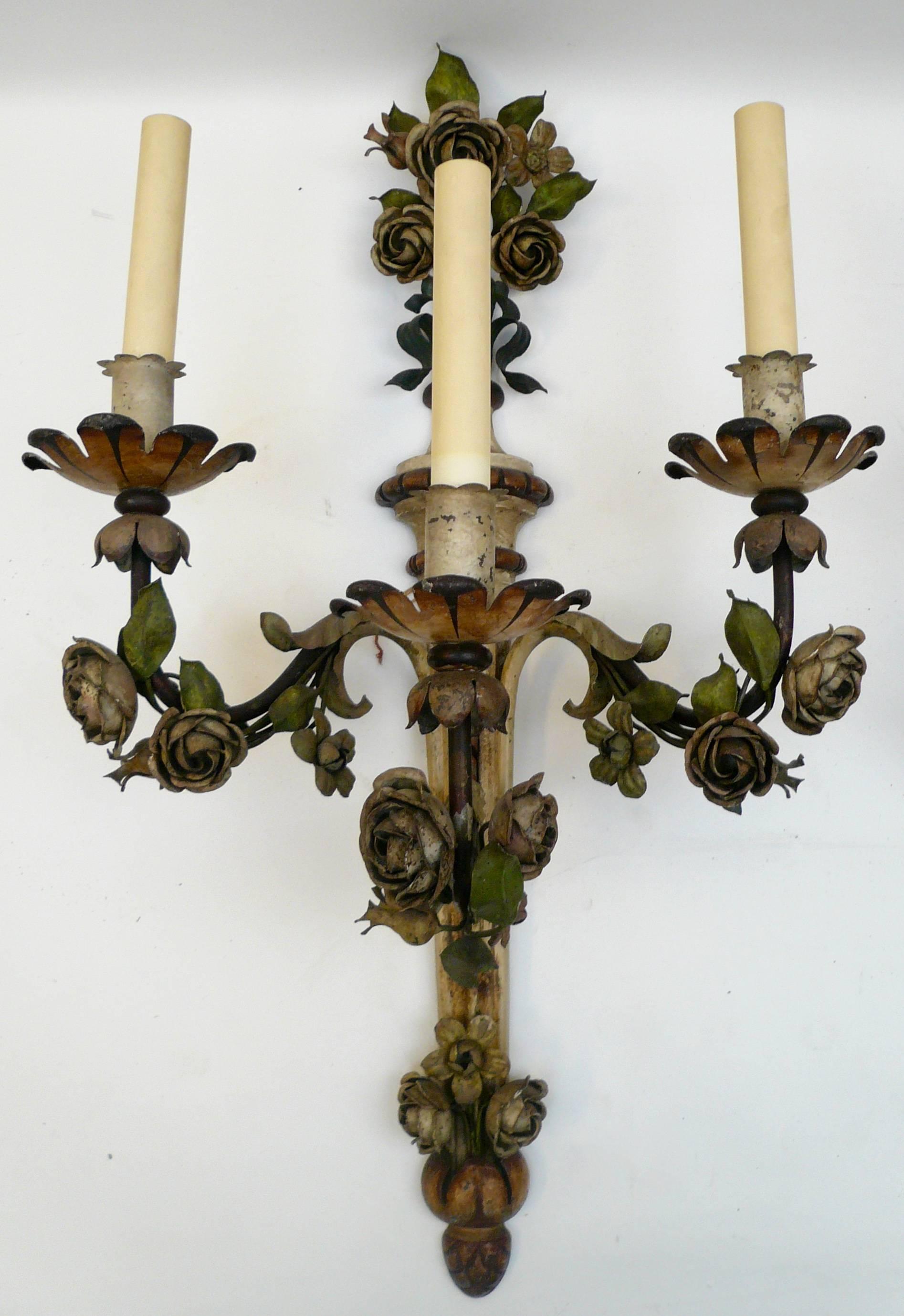 Hollywood Regency Pair of Painted Tole Three-Arm Louis XVI Style Floral Sconces