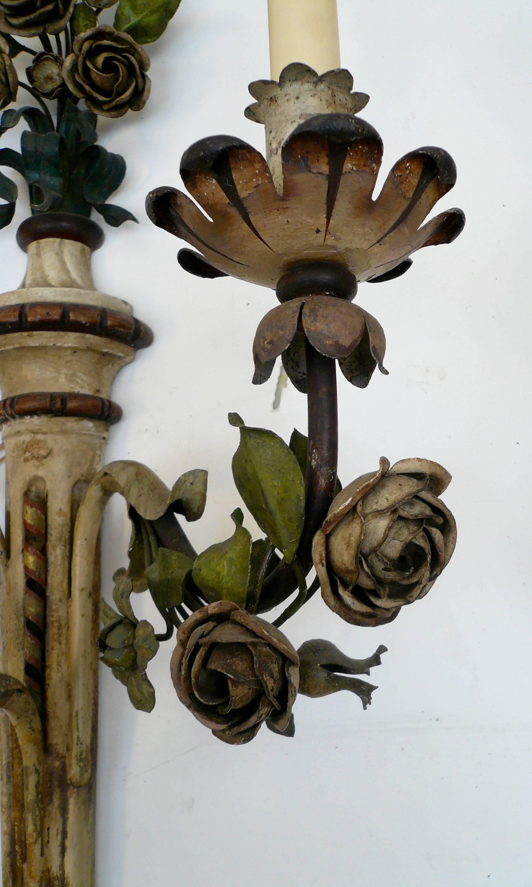 Italian Pair of Painted Tole Three-Arm Louis XVI Style Floral Sconces