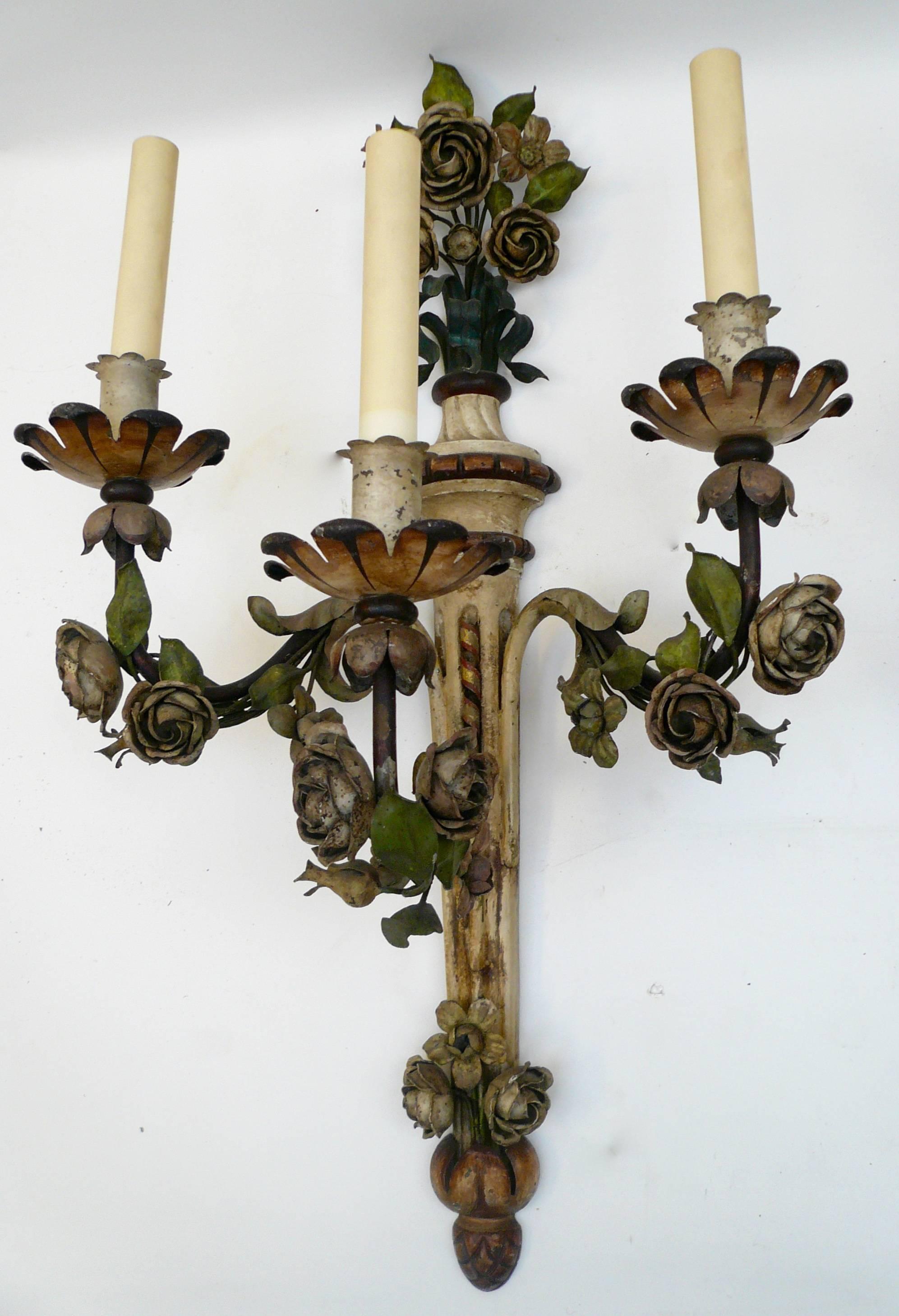 Pair of Painted Tole Three-Arm Louis XVI Style Floral Sconces In Excellent Condition In Pittsburgh, PA