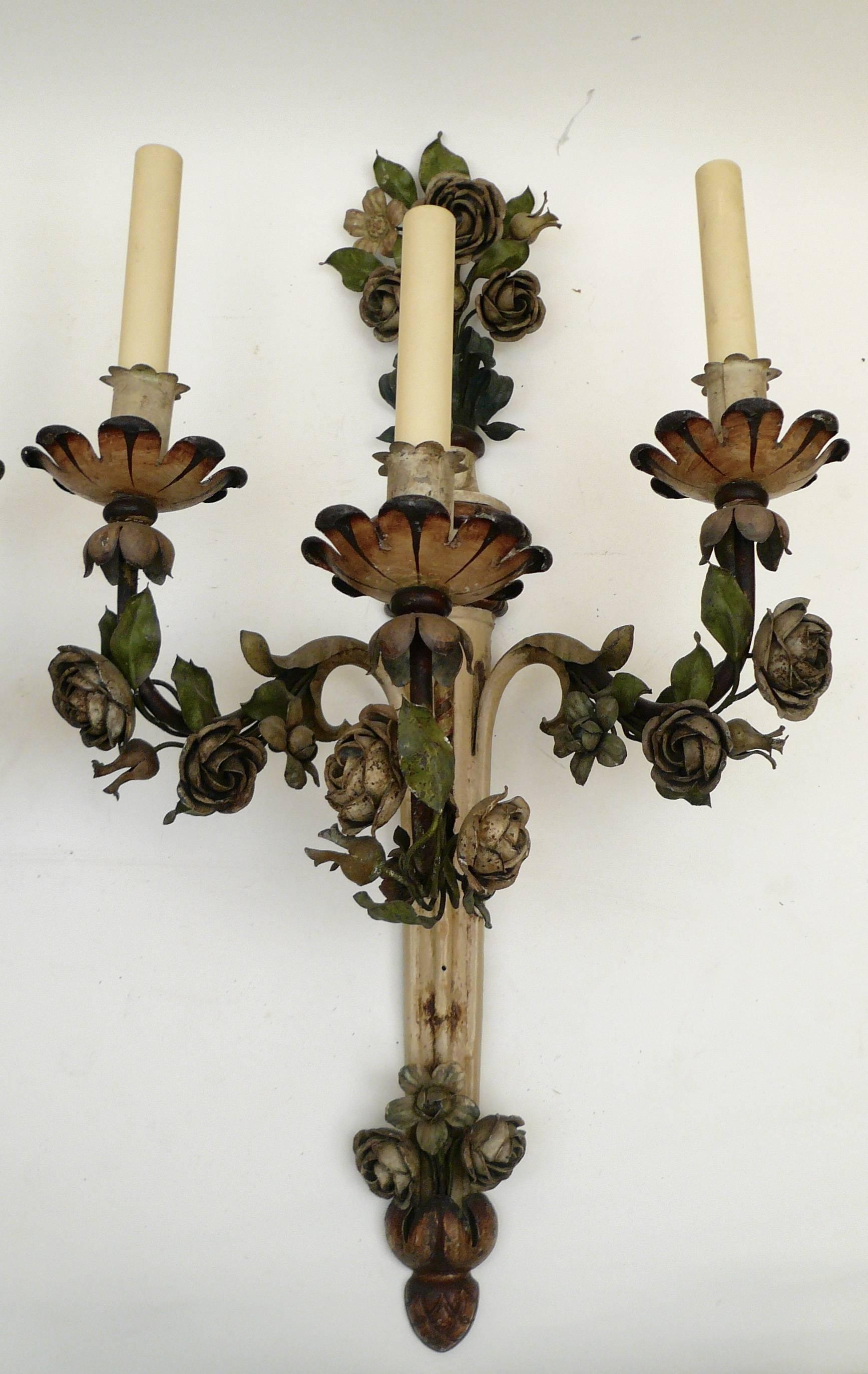 Tôle Pair of Painted Tole Three-Arm Louis XVI Style Floral Sconces