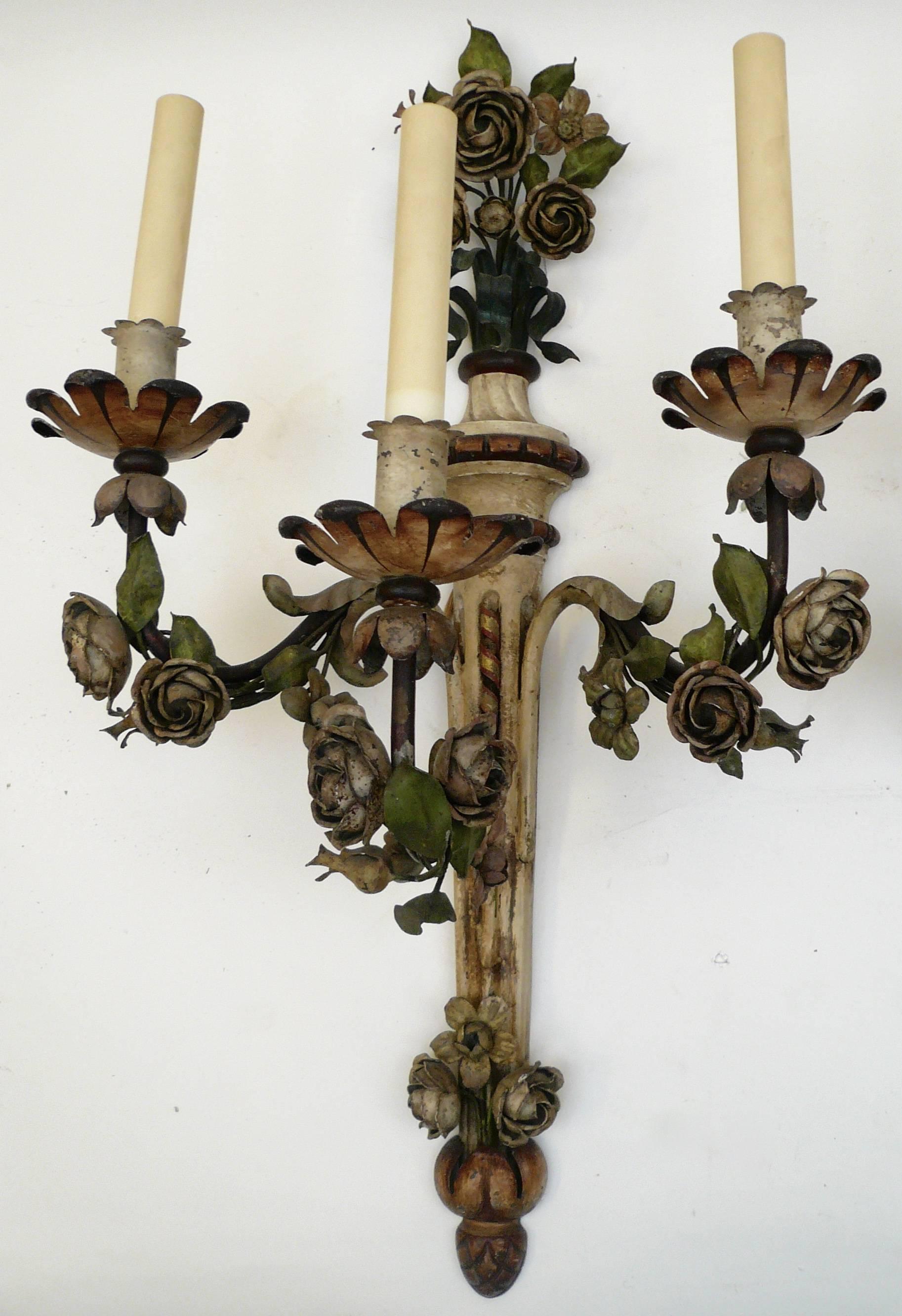 Pair of Painted Tole Three-Arm Louis XVI Style Floral Sconces 1