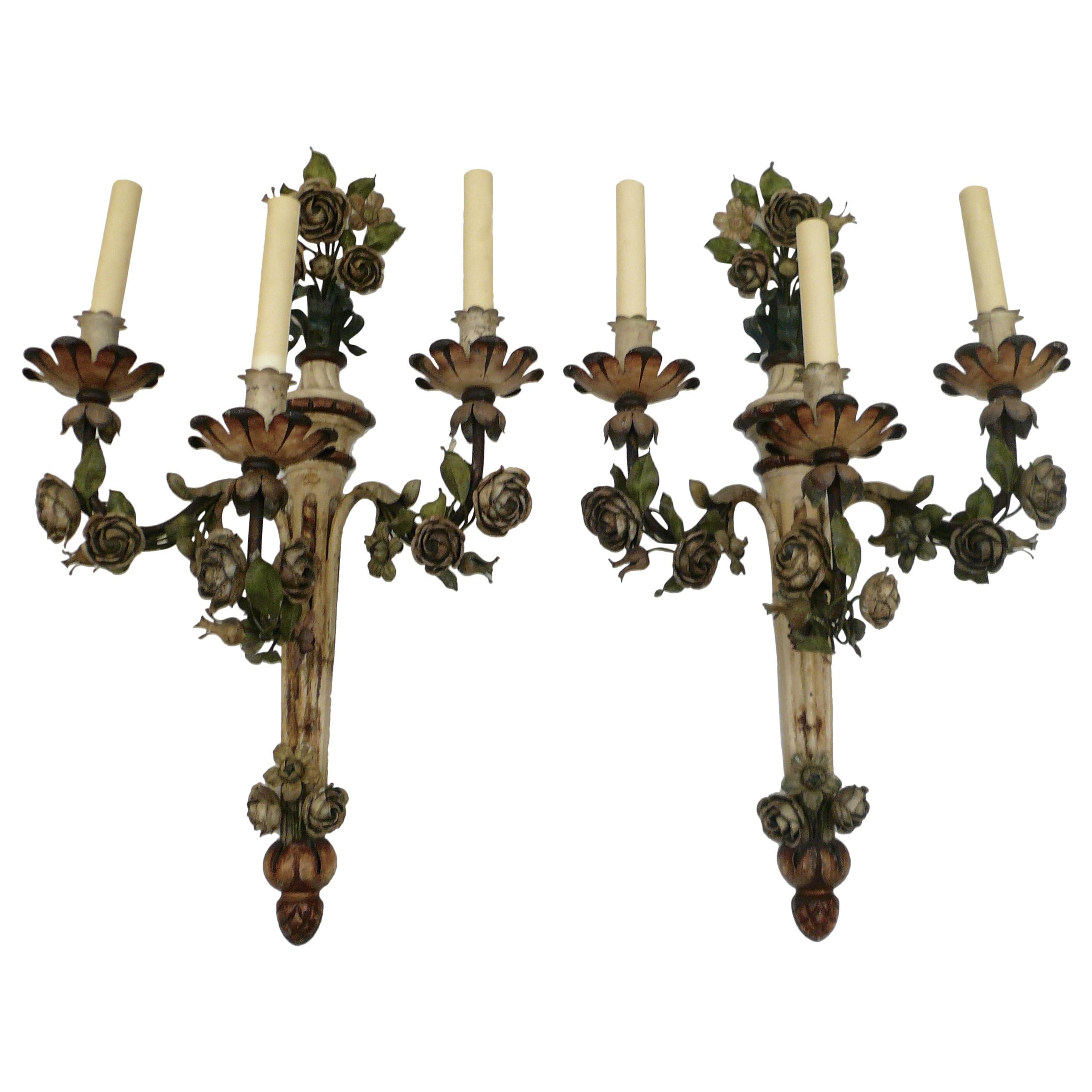 Pair of Painted Tole Three-Arm Louis XVI Style Floral Sconces