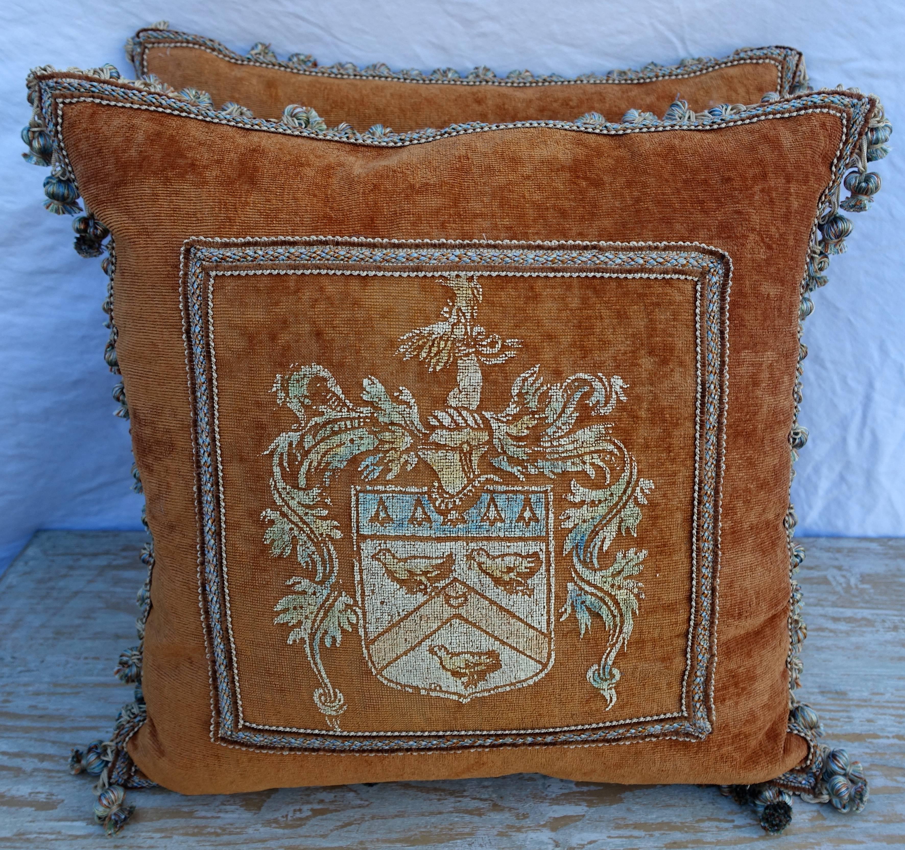 Baroque Pair of Painted Velvet Pillows with Shields
