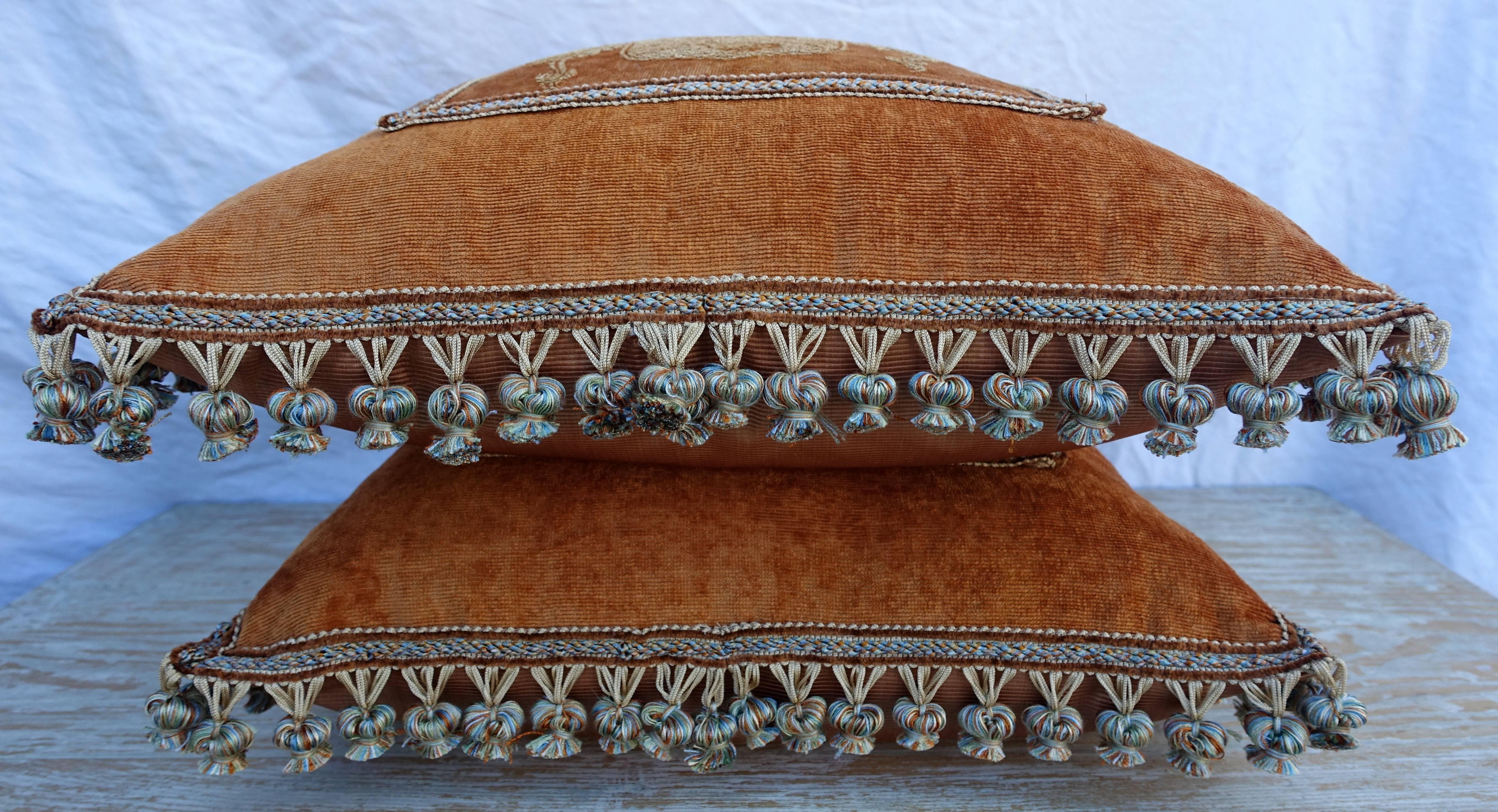 Italian Pair of Painted Velvet Pillows with Shields