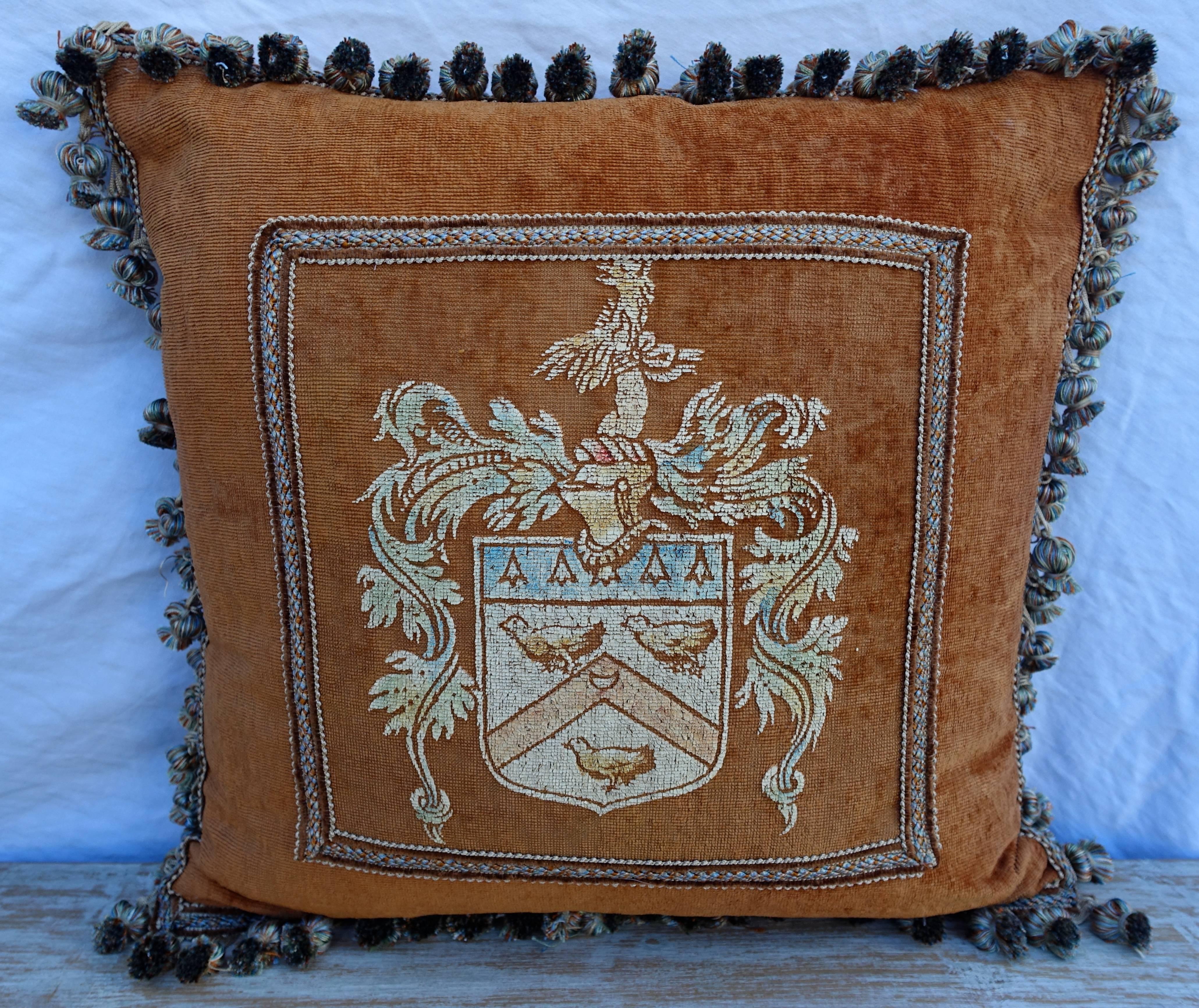 Pair of Painted Velvet Pillows with Shields In Excellent Condition In Los Angeles, CA