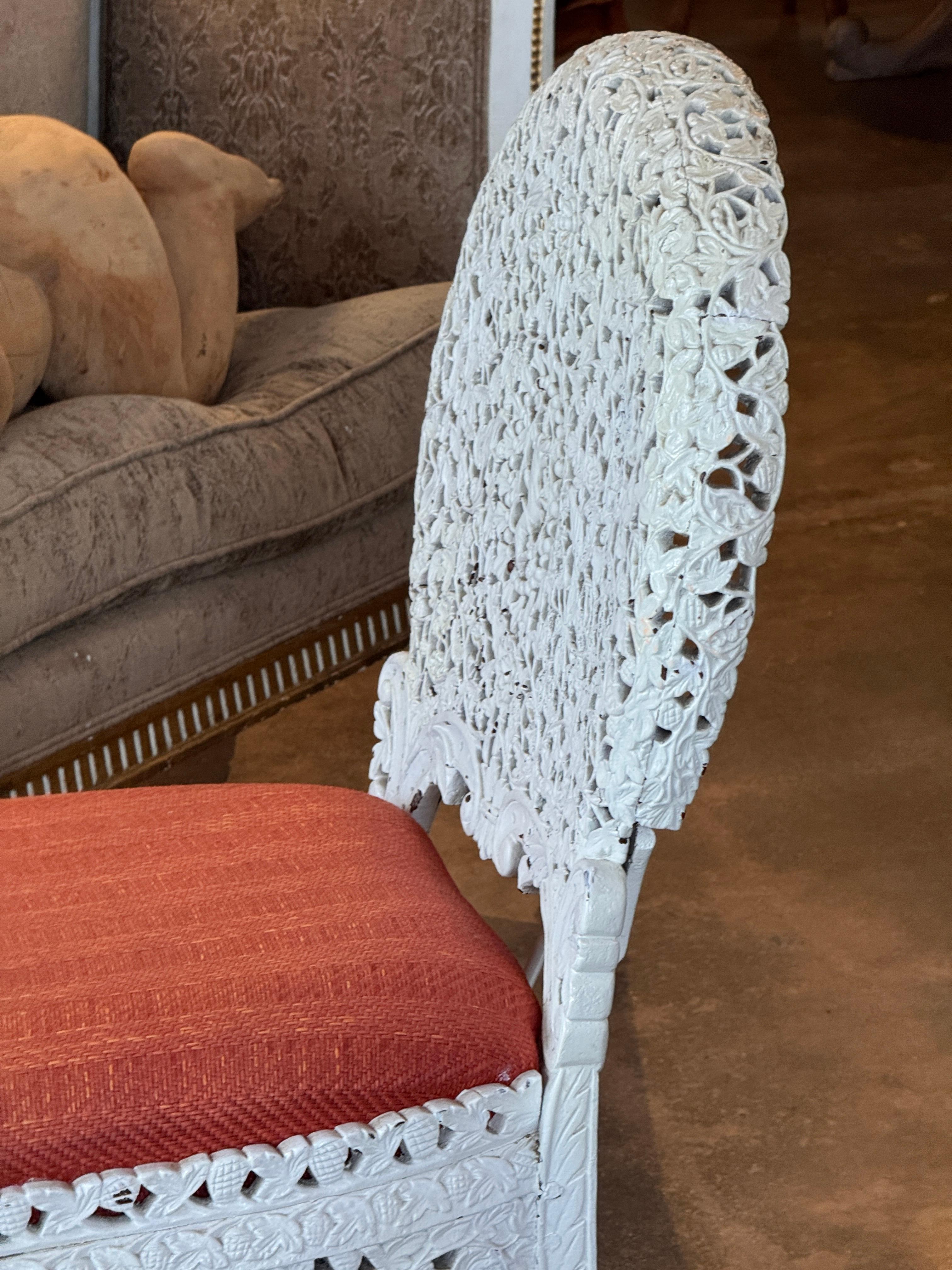 Pair of Painted White Burmese Carved Side Chairs For Sale 7