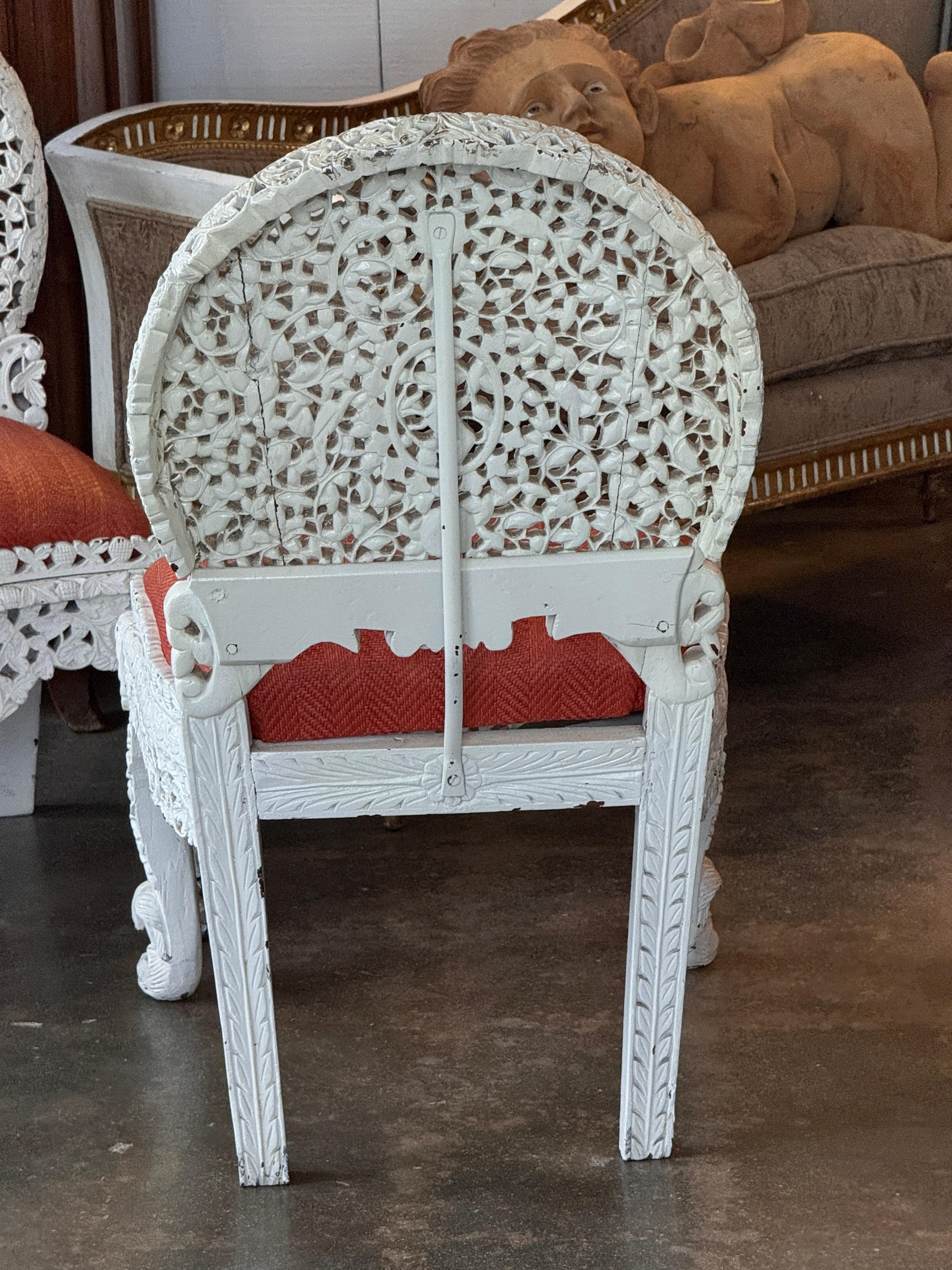 Pair of Painted White Burmese Carved Side Chairs For Sale 9
