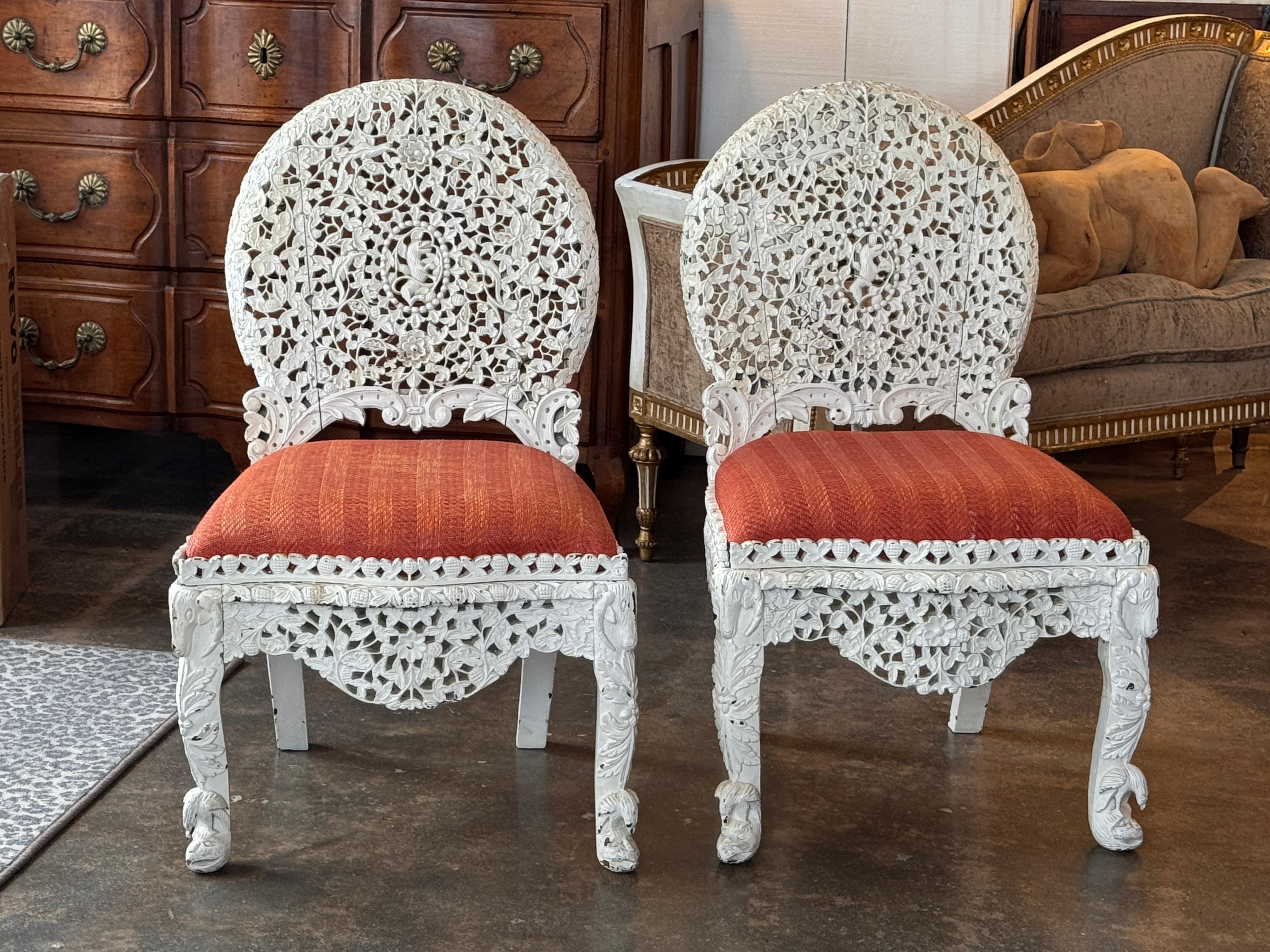 Pair of Painted White Burmese Carved Side Chairs In Good Condition For Sale In Charlottesville, VA