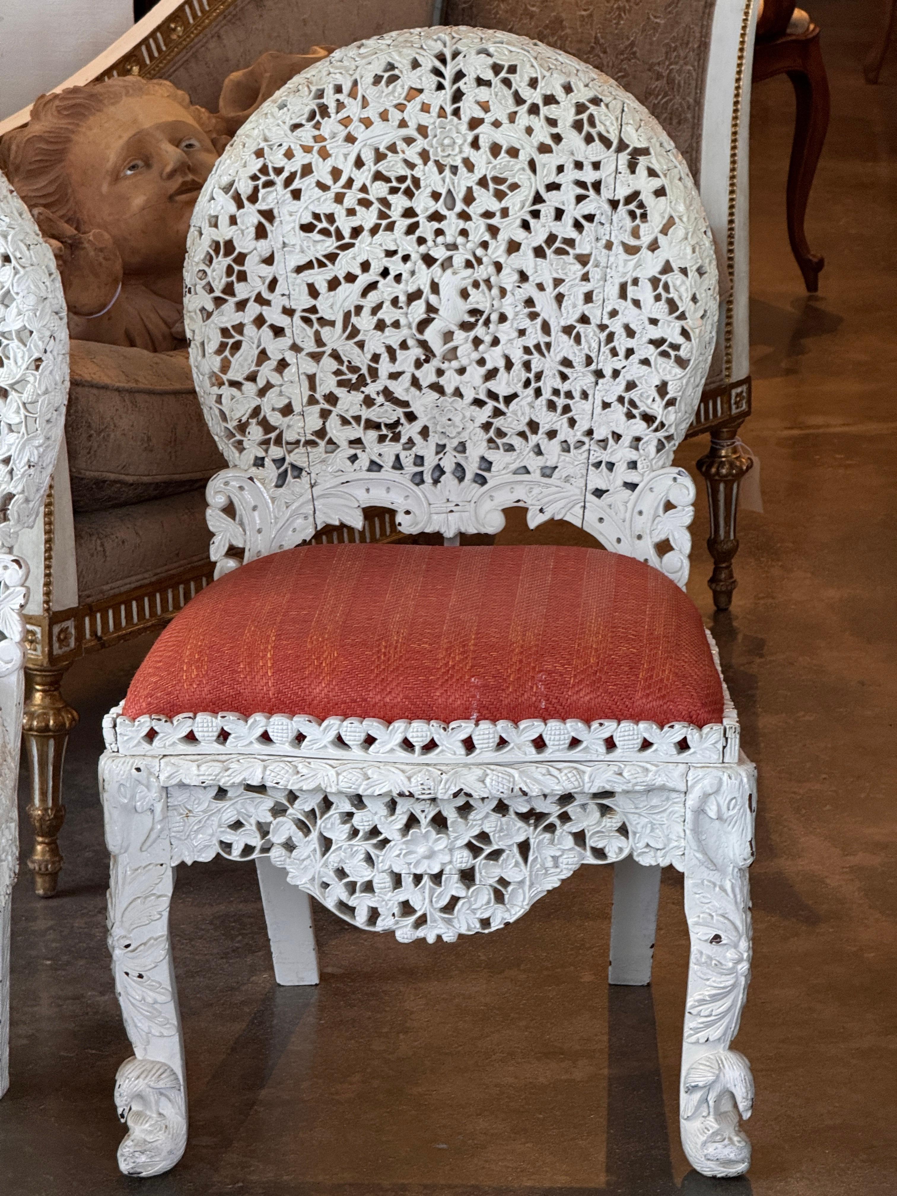 19th Century Pair of Painted White Burmese Carved Side Chairs For Sale