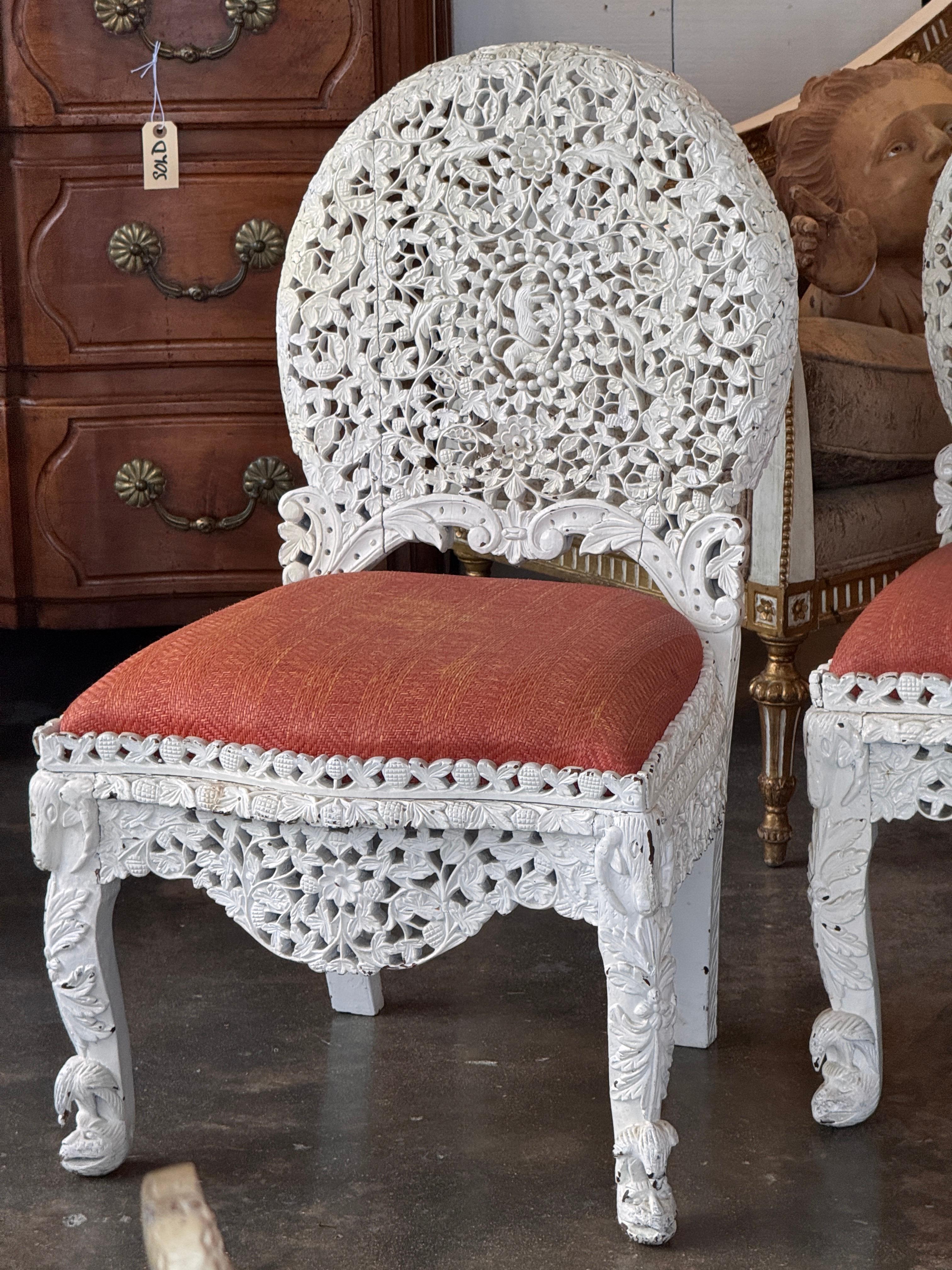 Fabric Pair of Painted White Burmese Carved Side Chairs For Sale