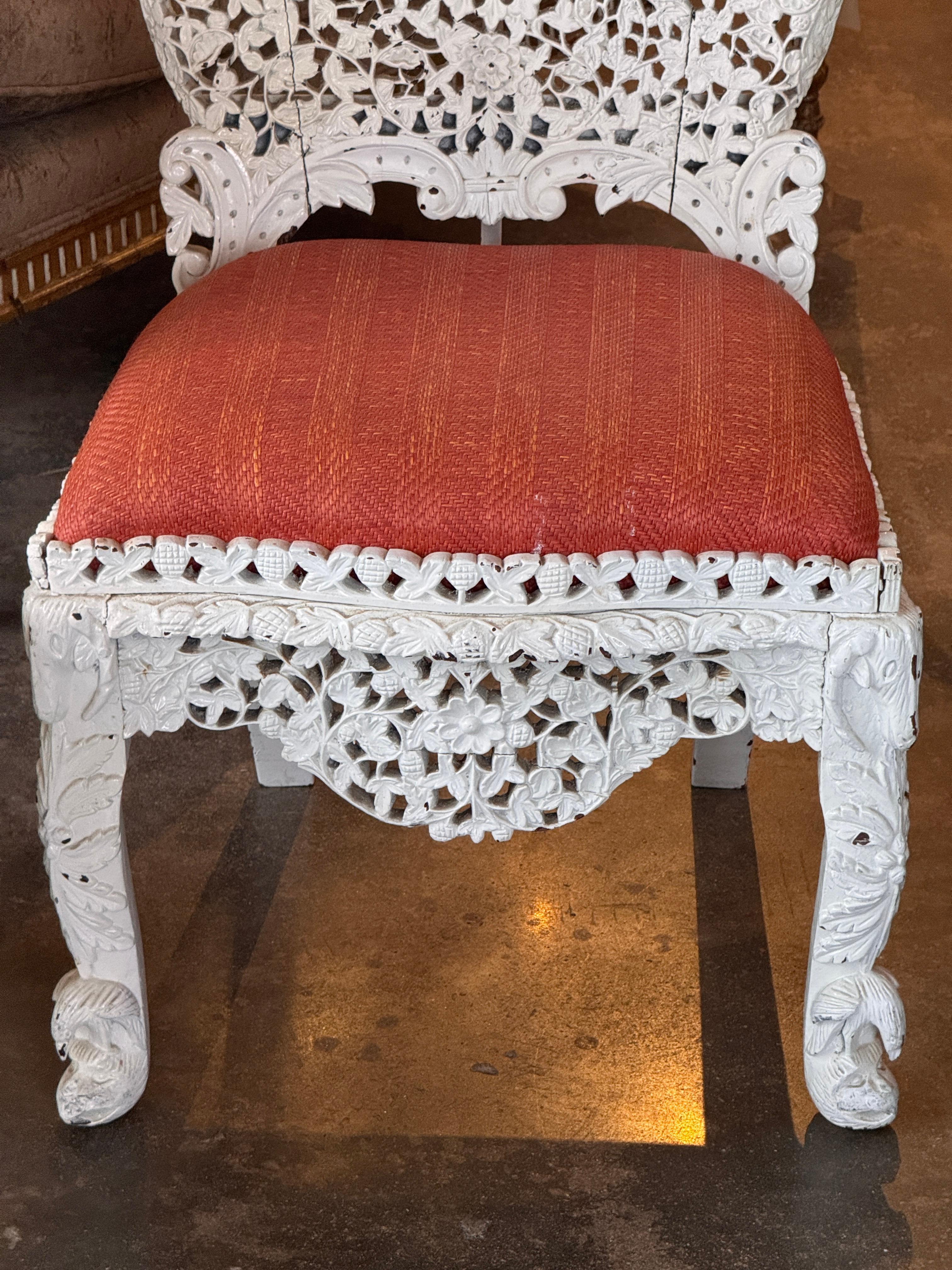 Pair of Painted White Burmese Carved Side Chairs For Sale 1