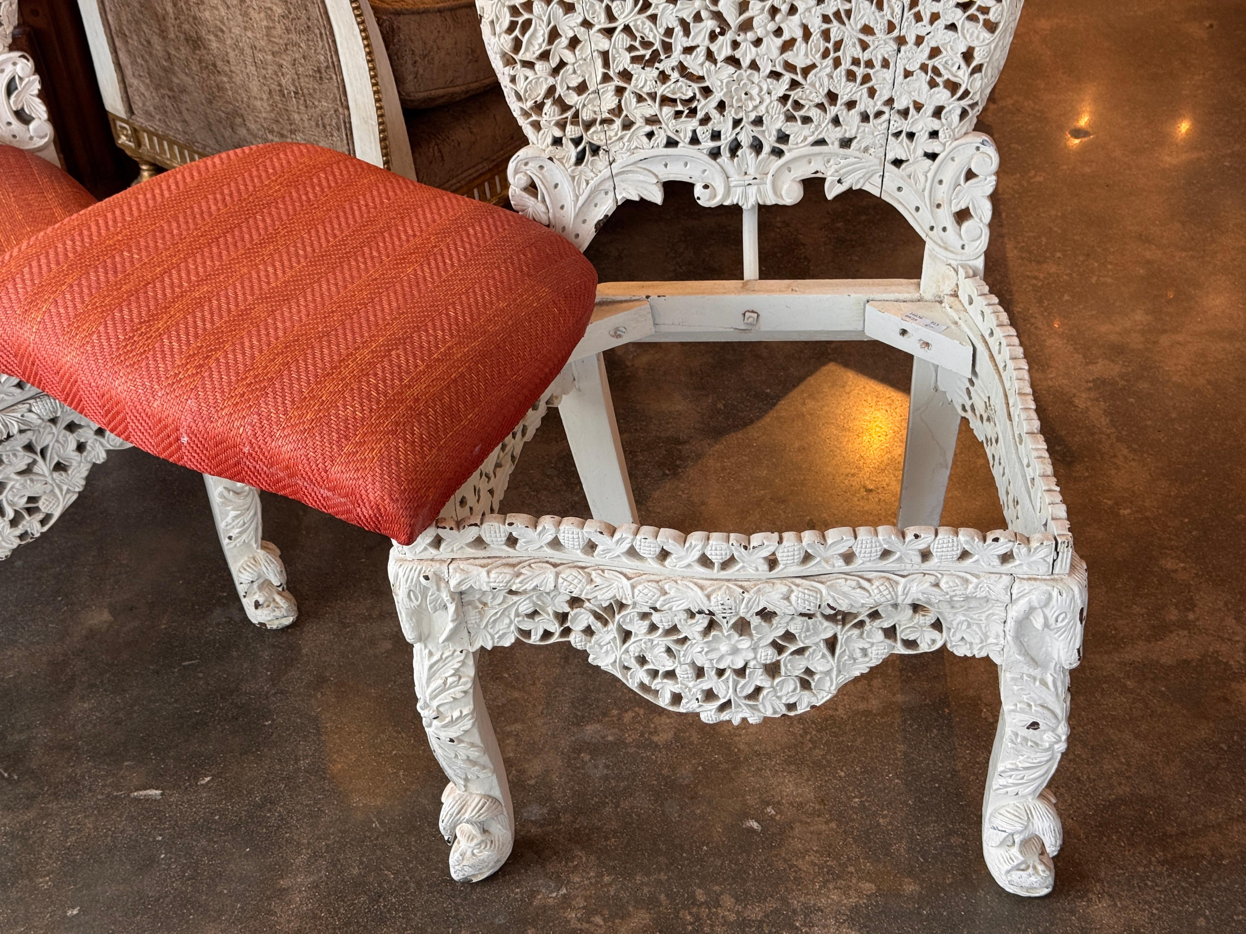 Pair of Painted White Burmese Carved Side Chairs For Sale 4