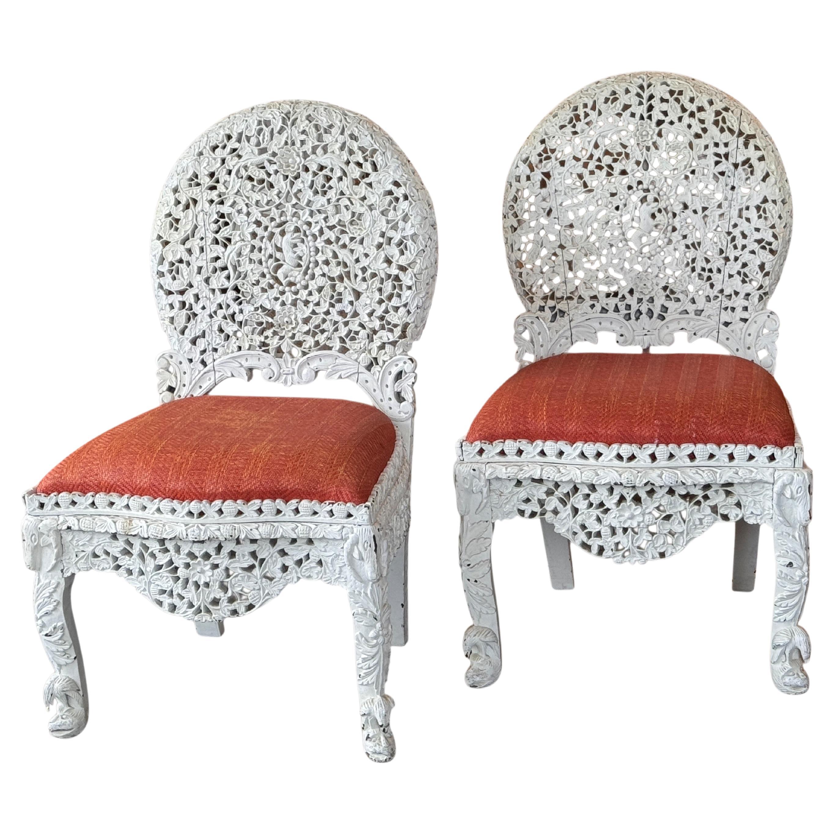 Pair of Painted White Burmese Carved Side Chairs For Sale