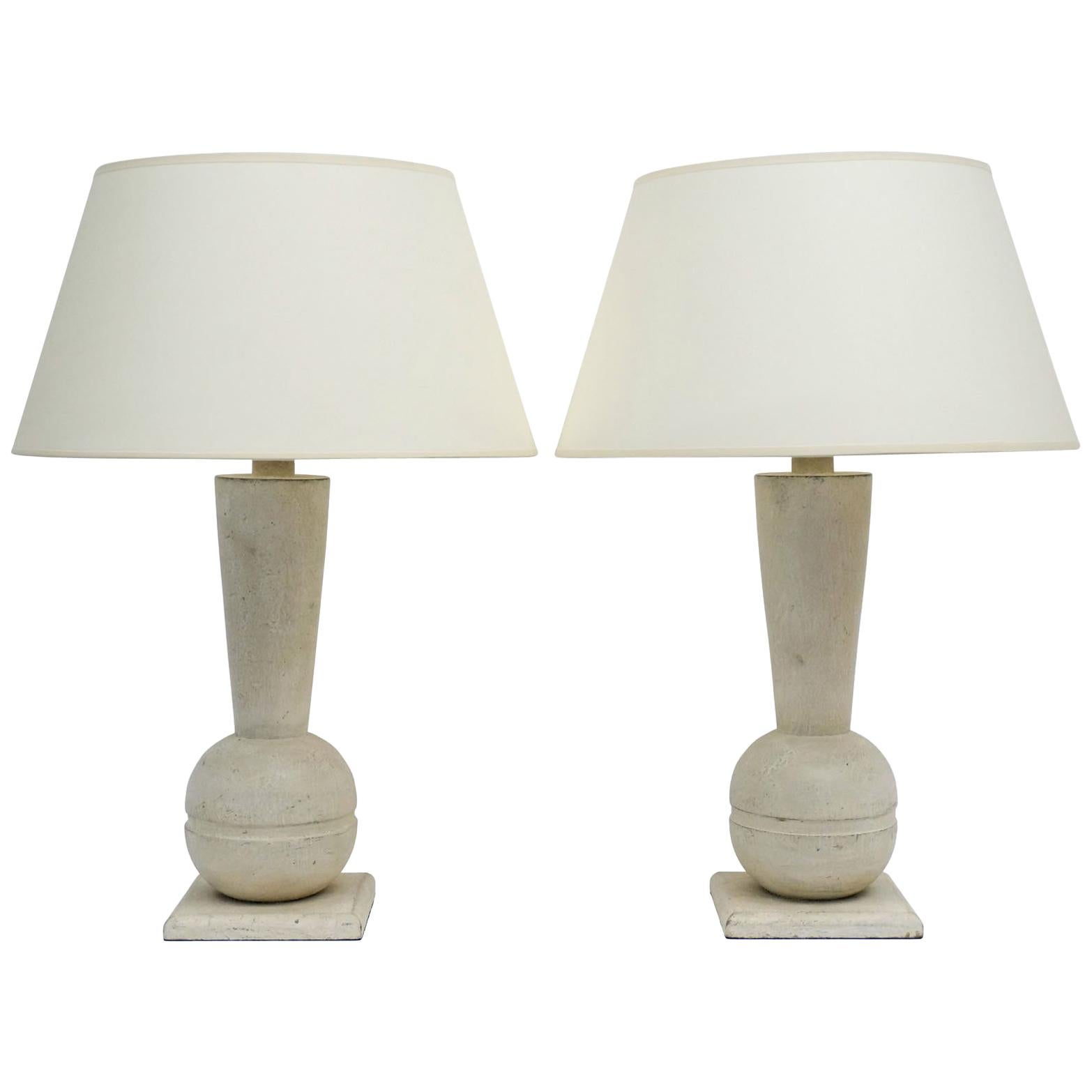 Pair of Painted White Turned Wood Table Lamps, Belgium