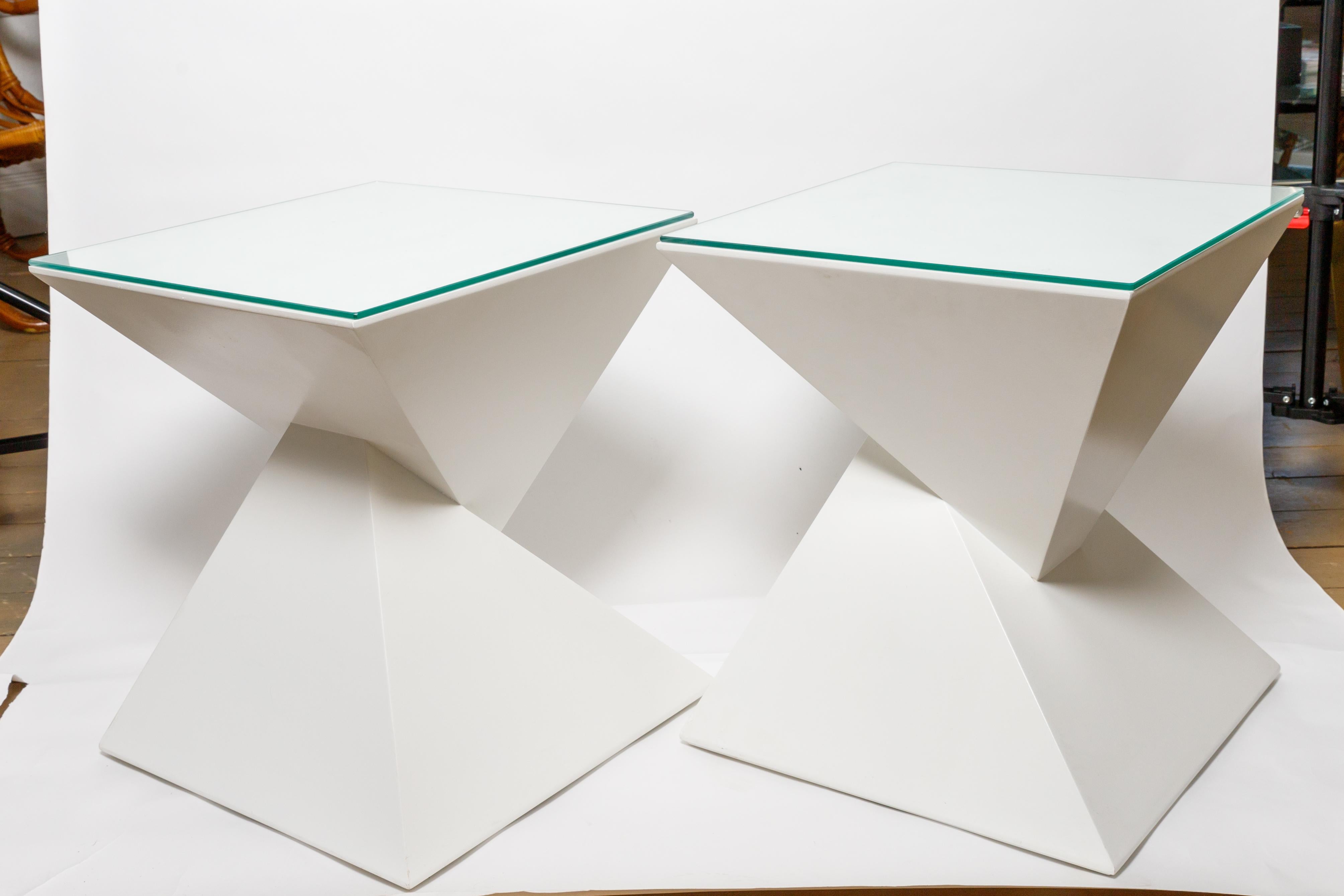 Modern Pair of Painted Wood, Angular, Geometric Side Tables with Glass Tops For Sale