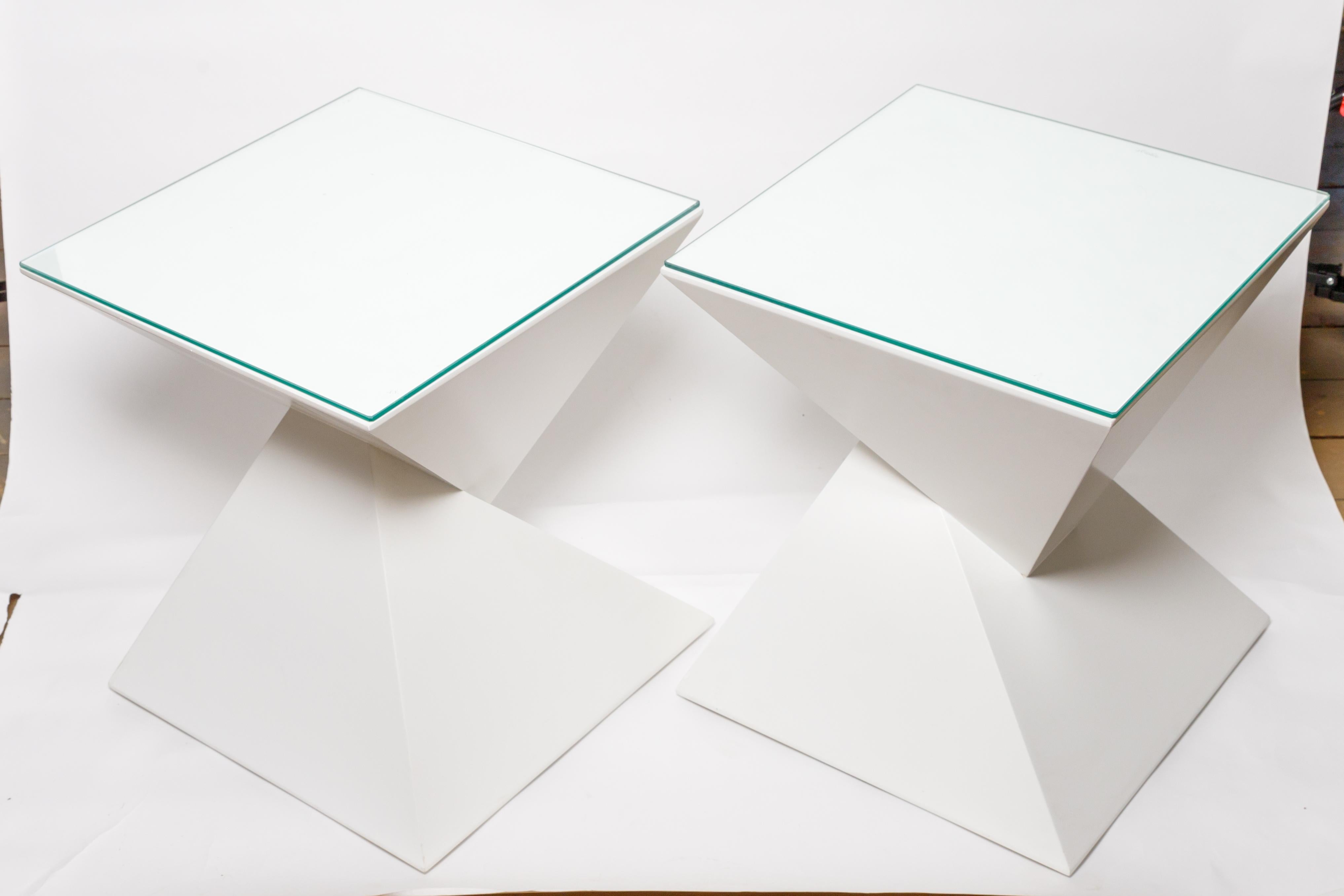 American Pair of Painted Wood, Angular, Geometric Side Tables with Glass Tops For Sale