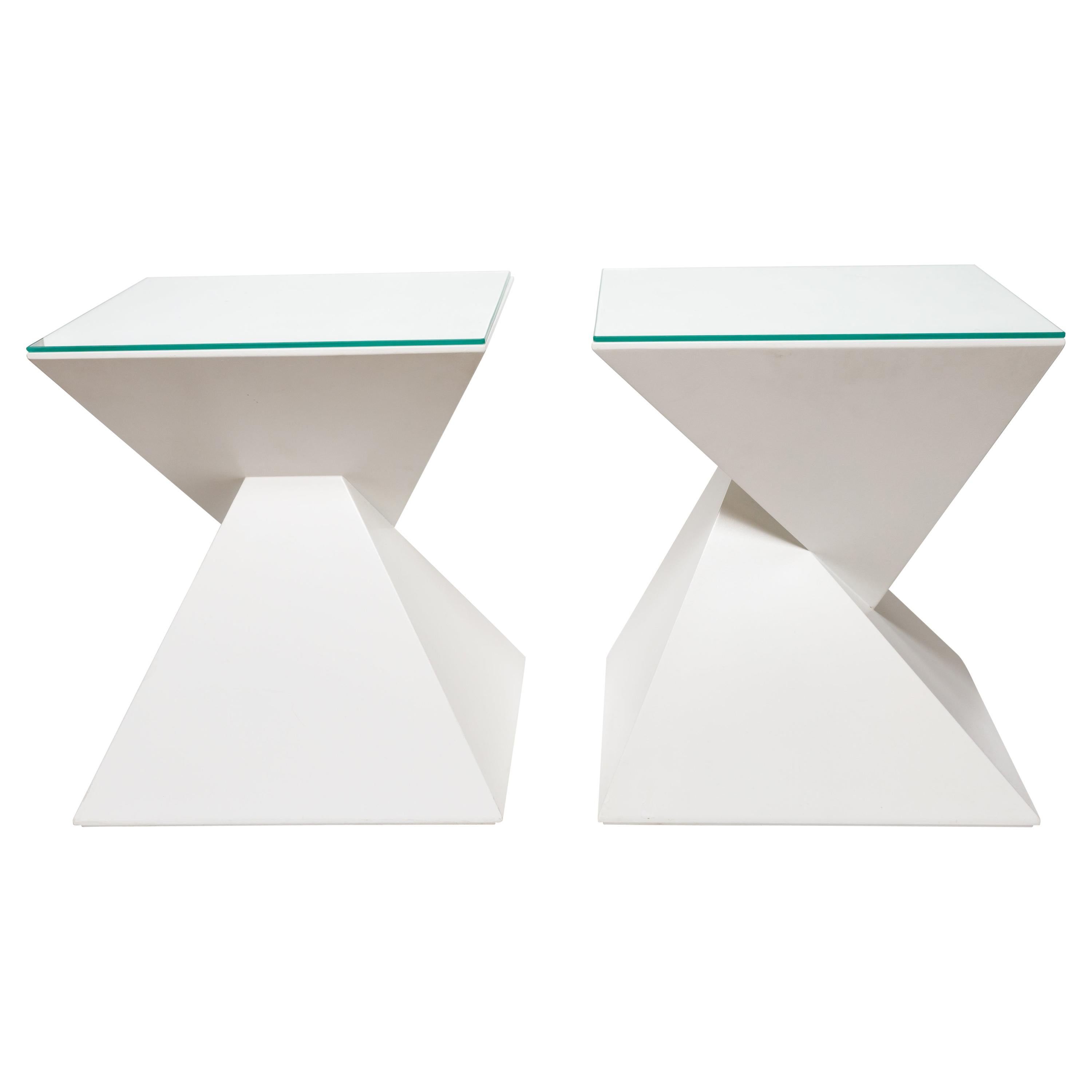 Pair of Painted Wood, Angular, Geometric Side Tables with Glass Tops For Sale