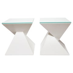 Pair of Painted Wood, Angular, Geometric Side Tables with Glass Tops