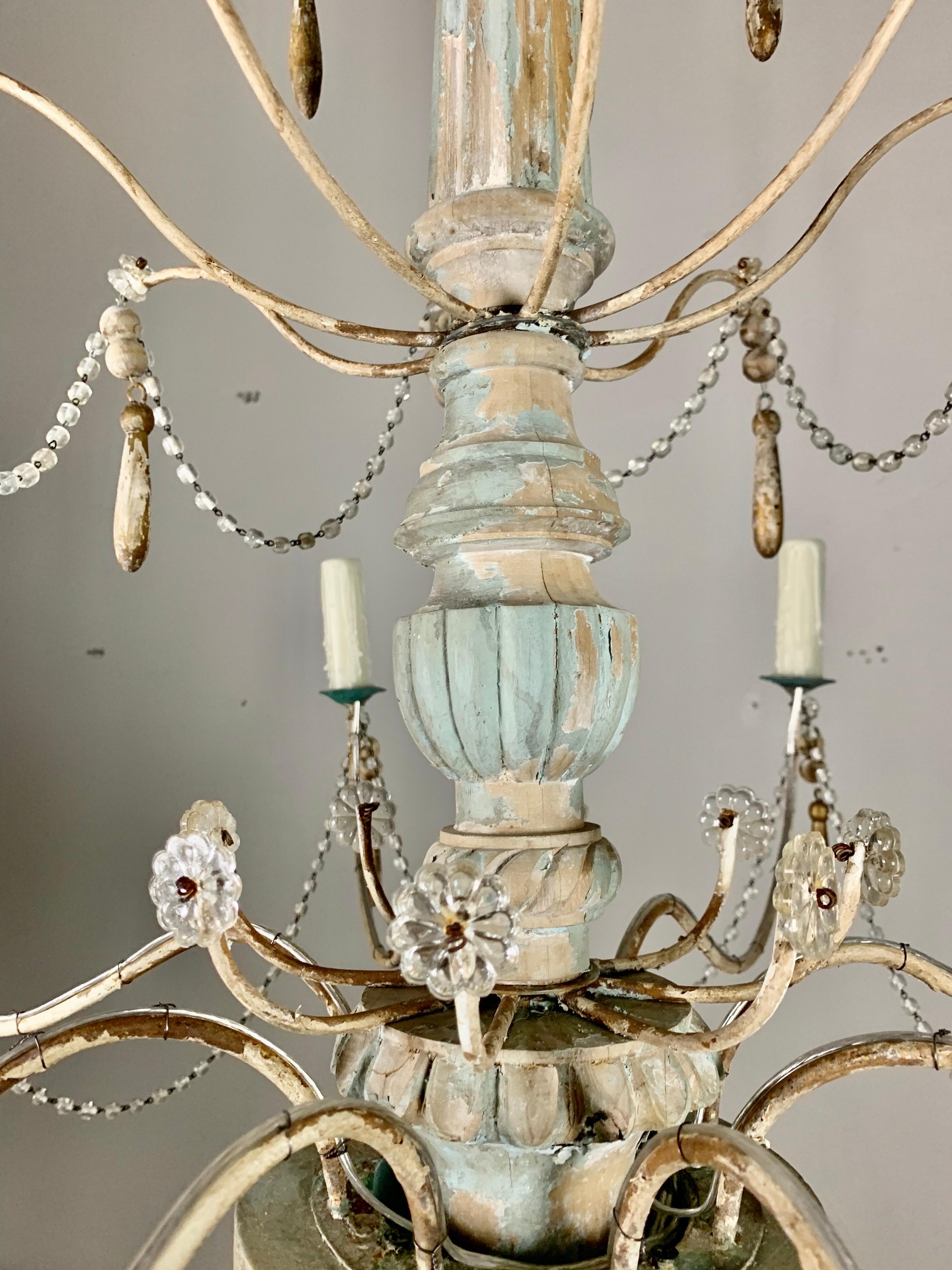 Hand-Painted Pair of Painted Wood Beaded Chandeliers by MLA For Sale