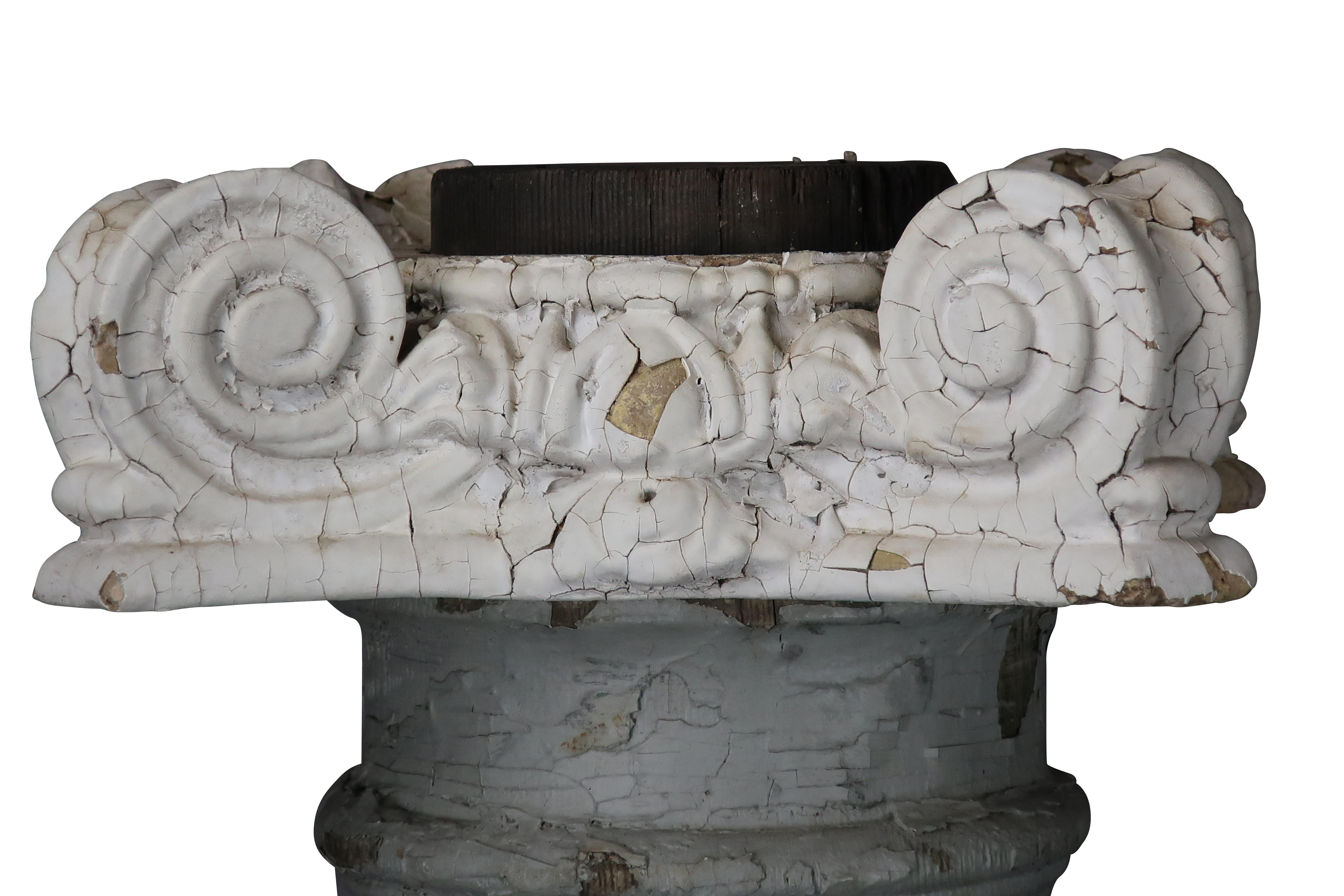 Pair of Painted Grey and White Wood Columns with Ionic Plaster and Wood Capitals In Distressed Condition In Essex, MA
