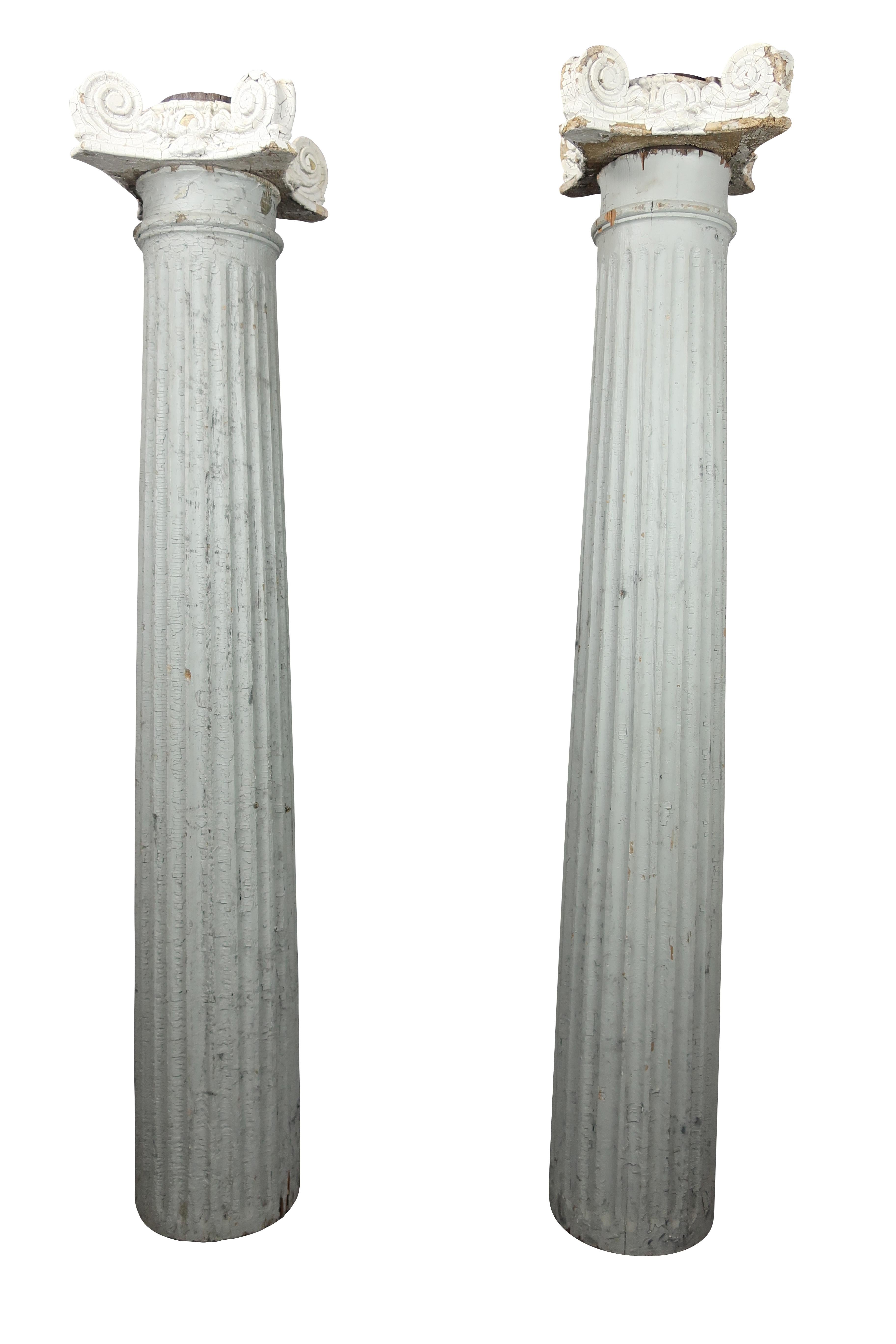 Pair of Painted Grey and White Wood Columns with Ionic Plaster and Wood Capitals 1