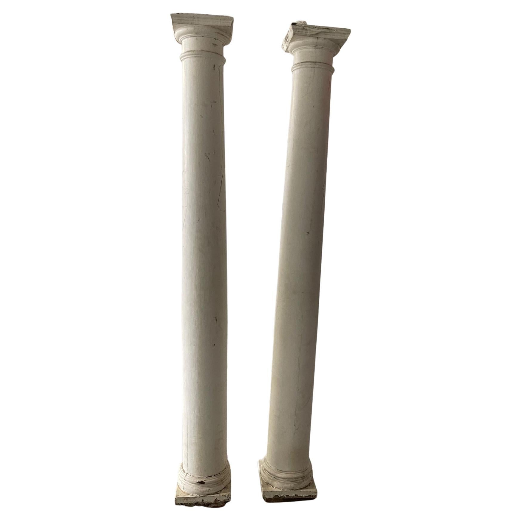 Pair of Painted Wood Full-Length Columns with Capitals and Bases, 19th Century For Sale