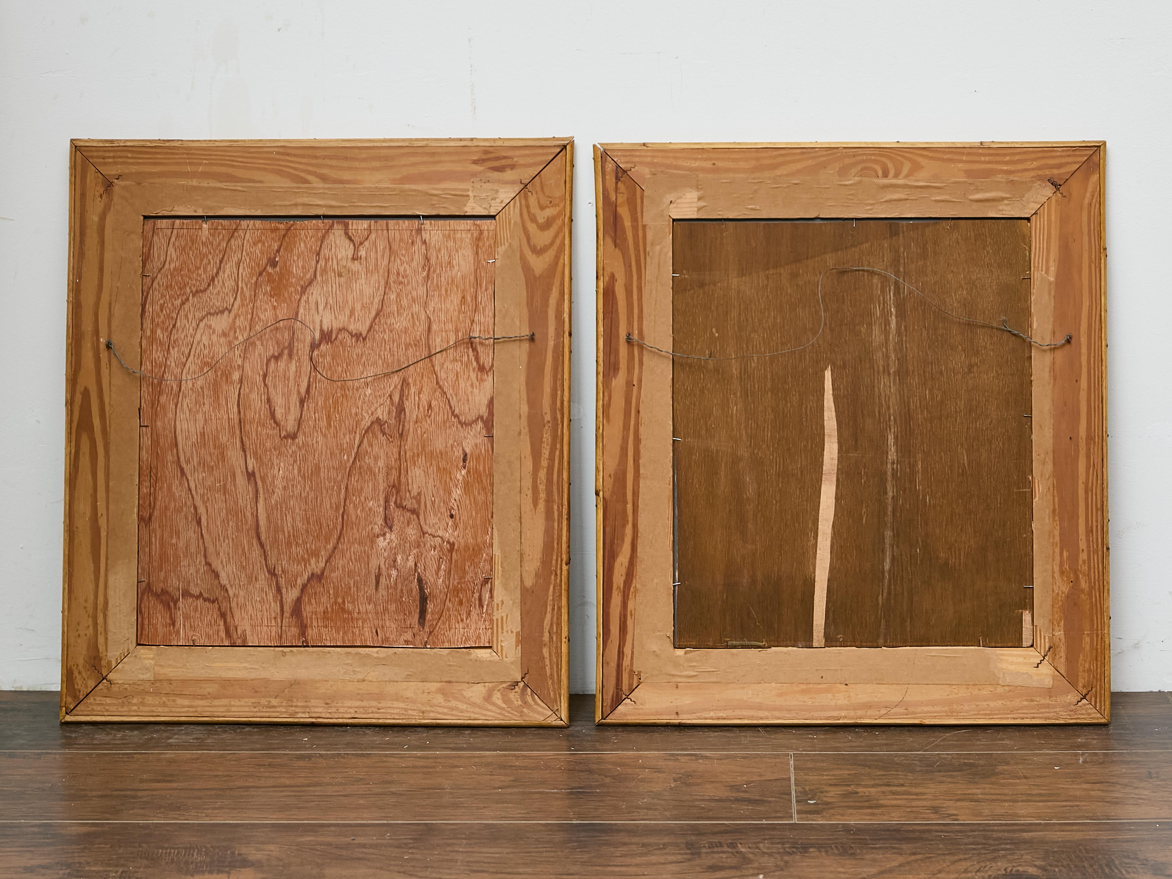 Pareja de Espejos de Madera Pintada con Marcos de Bambú y Detalles de Motivos Tribales en venta 5