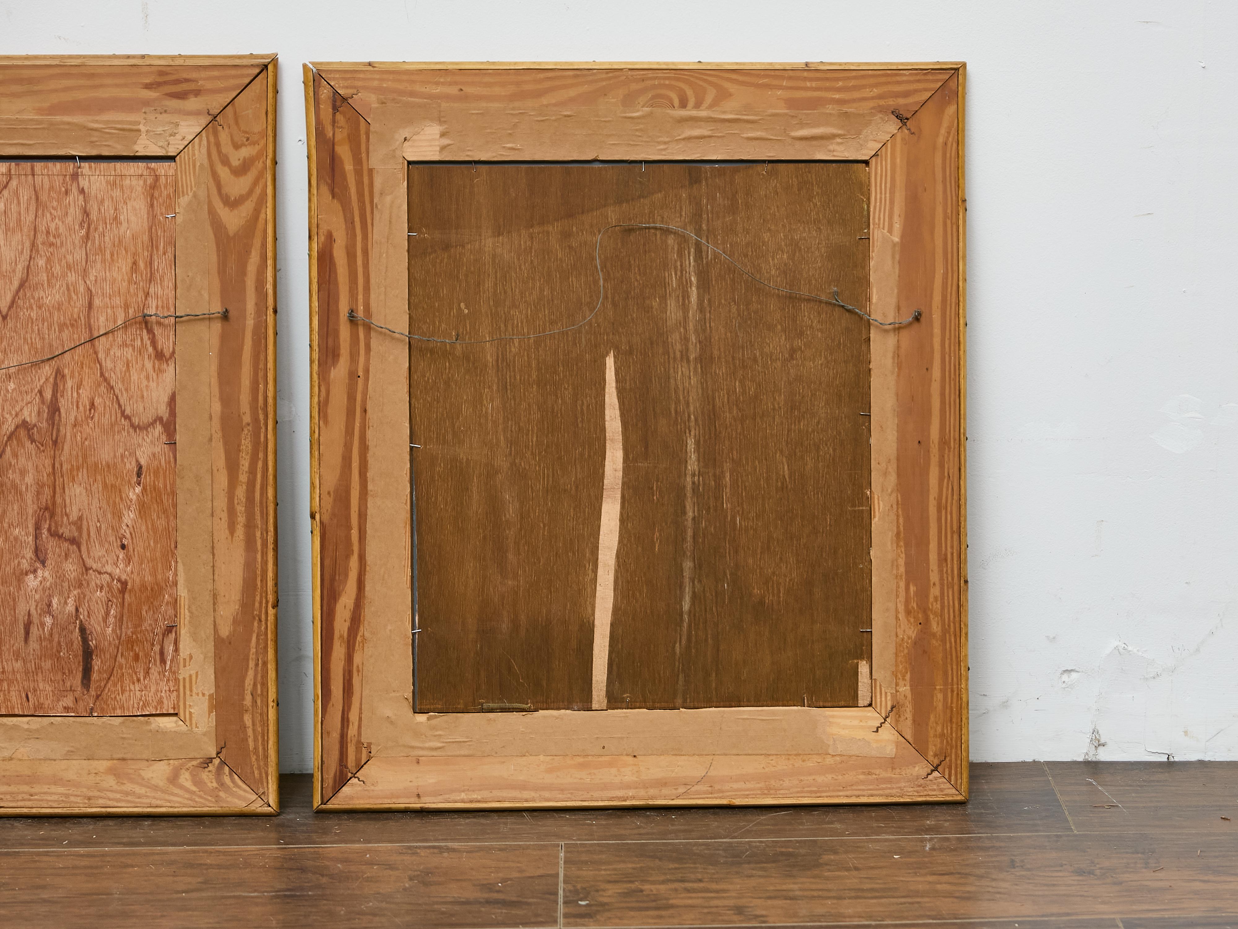 Pareja de Espejos de Madera Pintada con Marcos de Bambú y Detalles de Motivos Tribales en venta 8