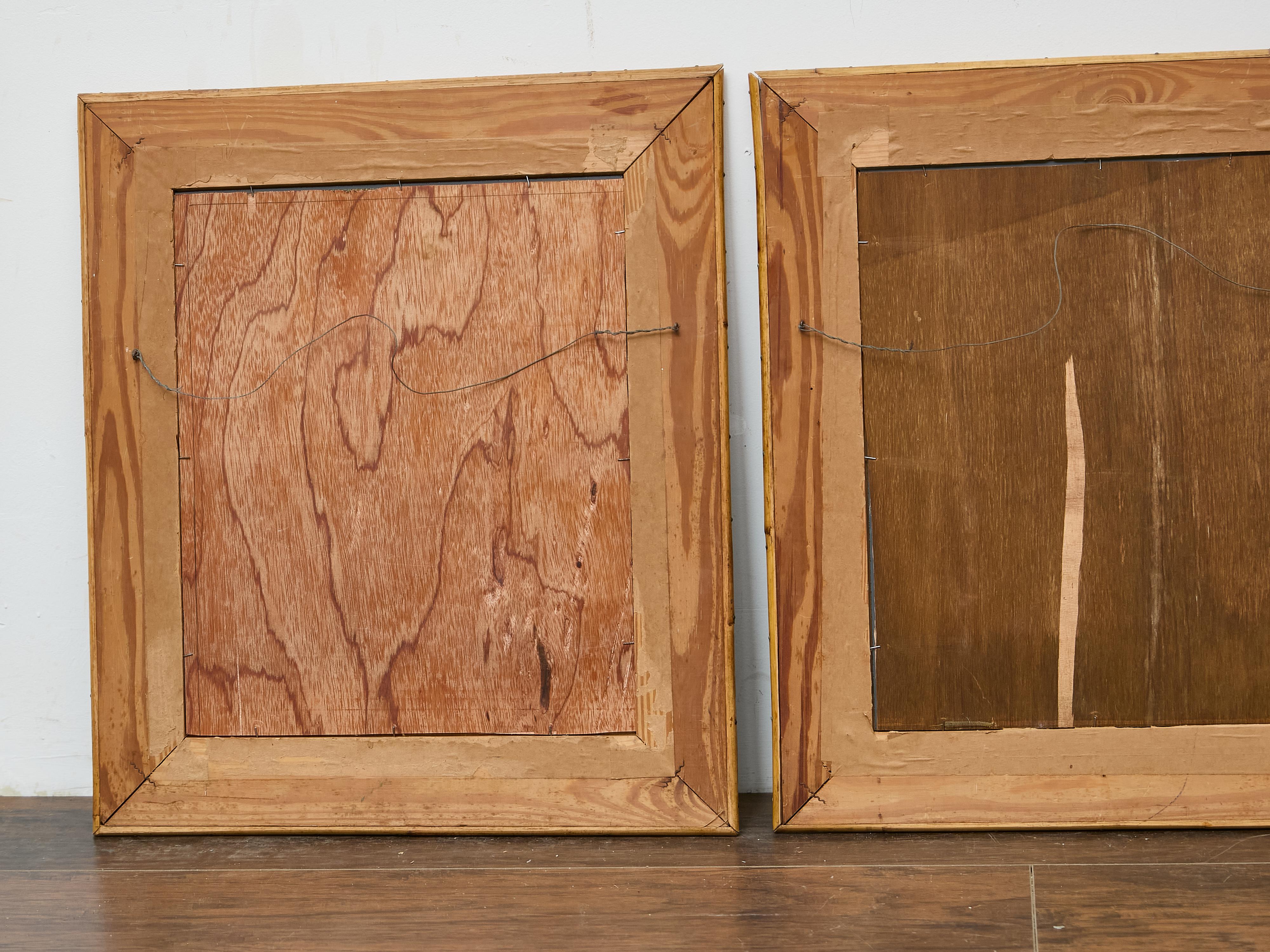 Pareja de Espejos de Madera Pintada con Marcos de Bambú y Detalles de Motivos Tribales en venta 9