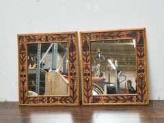 Pair of Painted Wood Mirrors with Bamboo Frames and Tribal Motif Detailing