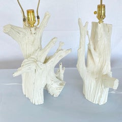 Pair of Painted Wood Root Lamps with Matching Finials