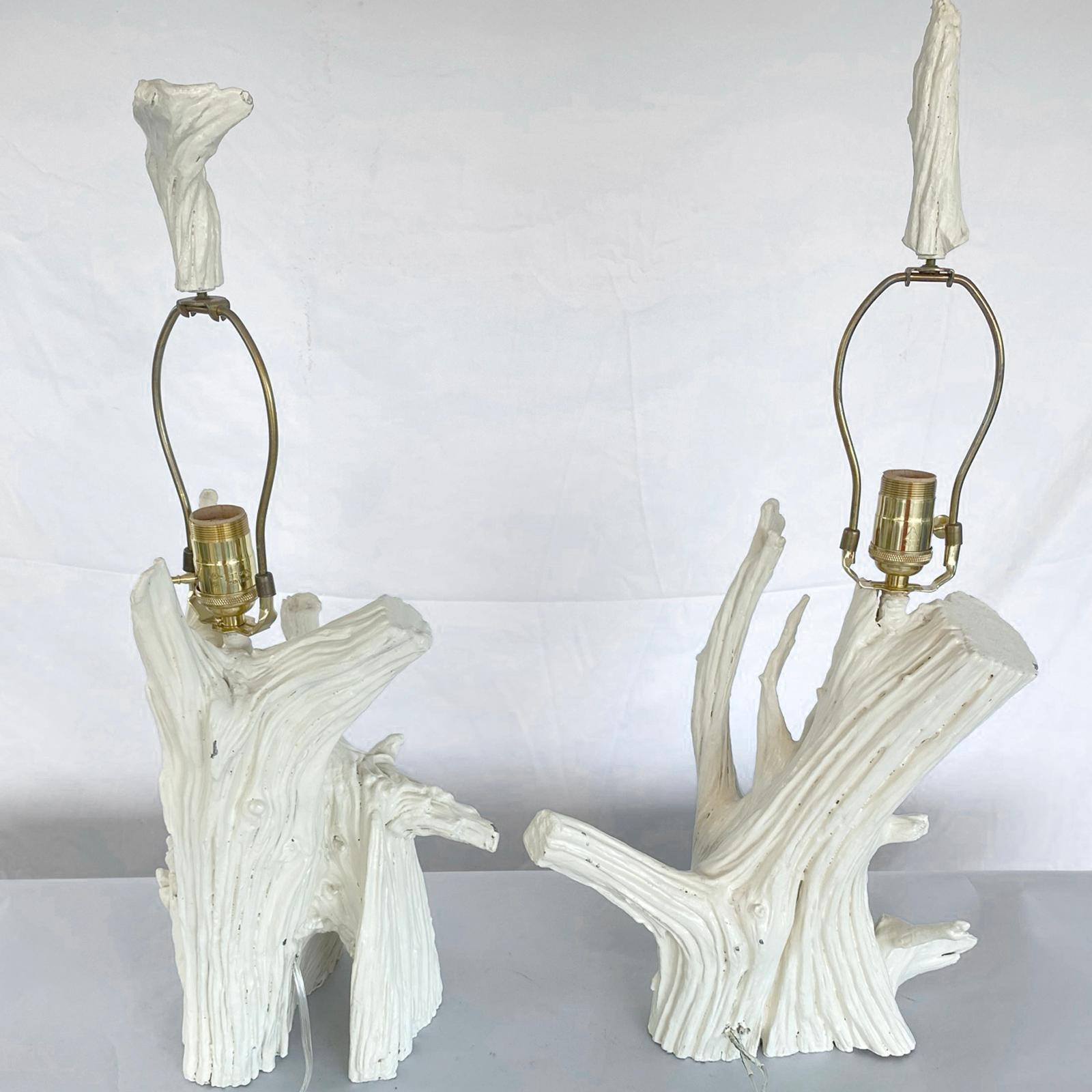 American Pair of Painted Wood Root Lamps with Matching Finials For Sale
