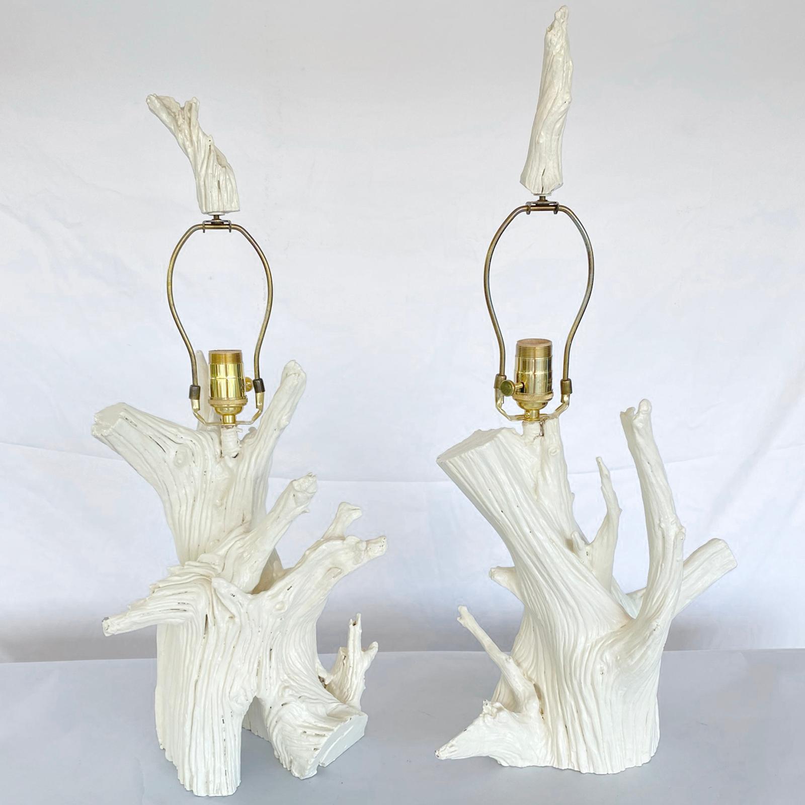 Pair of Painted Wood Root Lamps with Matching Finials In Good Condition For Sale In West Palm Beach, FL