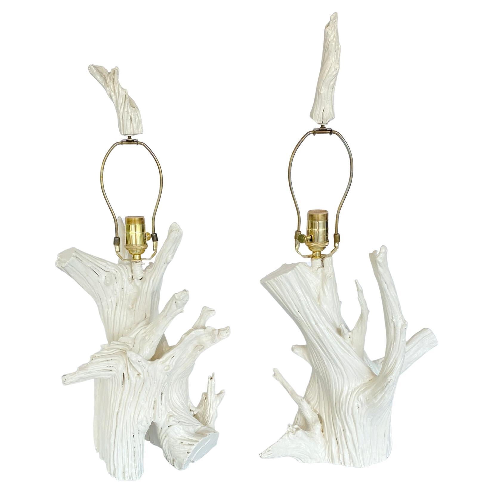 Pair of Painted Wood Root Lamps with Matching Finials