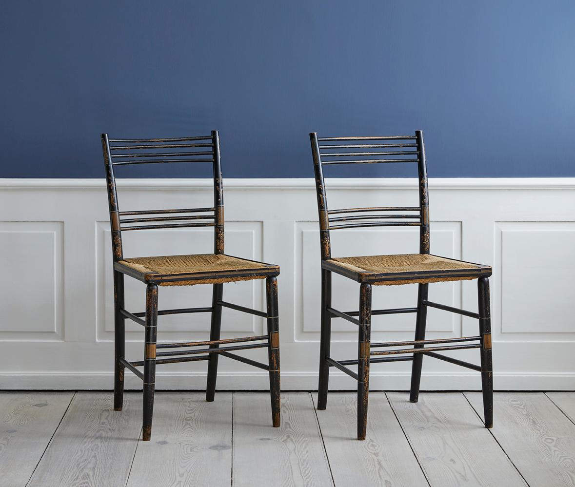 Late 19th Century Pair of Painted Wooden Chairs with Woven Seat
