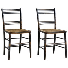 Antique Pair of Painted Wooden Chairs with Woven Seat