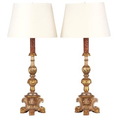 Pair of Painted Wooden Lamps, Italy, Late 1800s