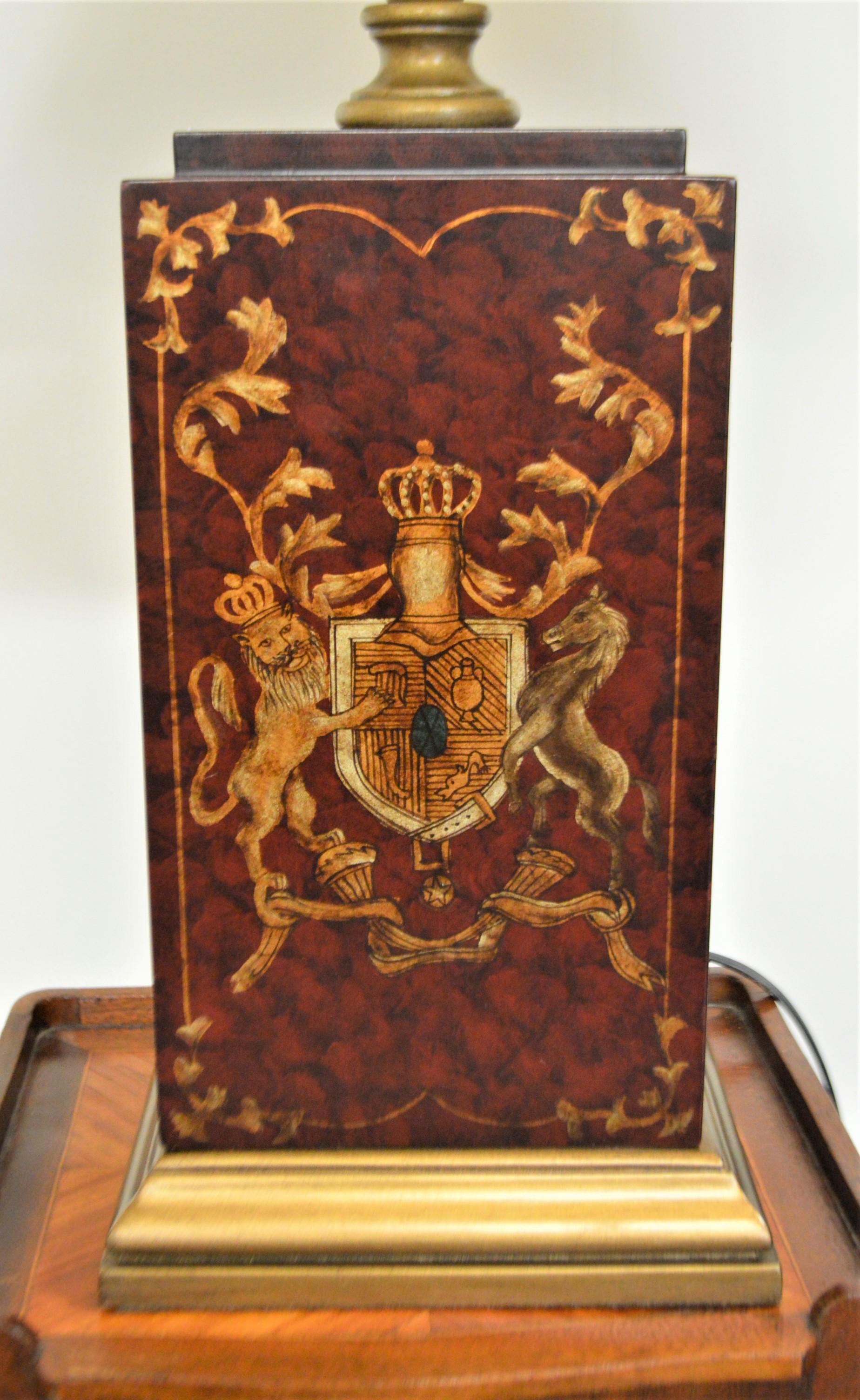 Georgian Pair of Painted Wooden Table Lamps Decorated with Armorial and Musical Design For Sale