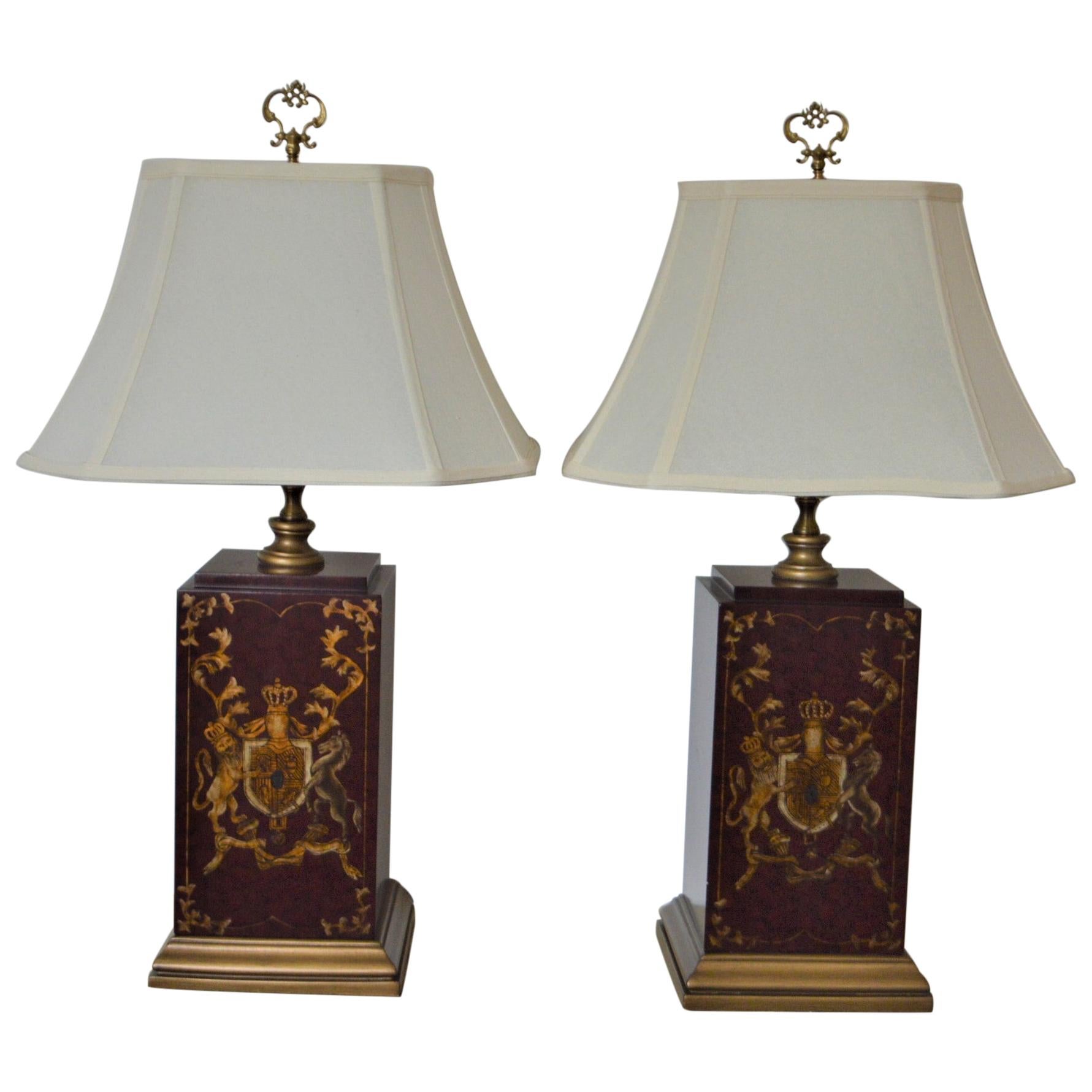 Pair of Painted Wooden Table Lamps Decorated with Armorial and Musical Design For Sale