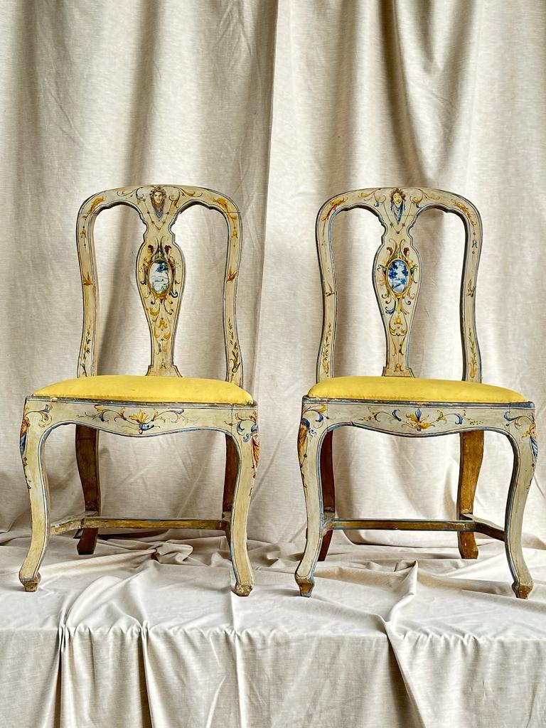 Venetian woodwork of the early XX Century, where this charming Pair Woodwork chairs was envisioned is proudly of Italian craftsmanship known for its exquisite detailing and decorative finishes. 

They have been conceived with the following