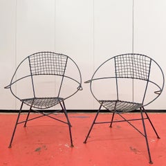 Pair of Painted Wrought Iron and Wire Work  “Radar” Patio Chairs, C1950s