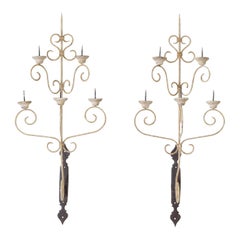 Pair of Painted Wrought Iron and Wooden 5-Light Candle Sconces, 20th Century