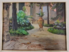Coppia di dipinti decorativi vista giardino firmati Herminia Bosch, Austria Metà secolo