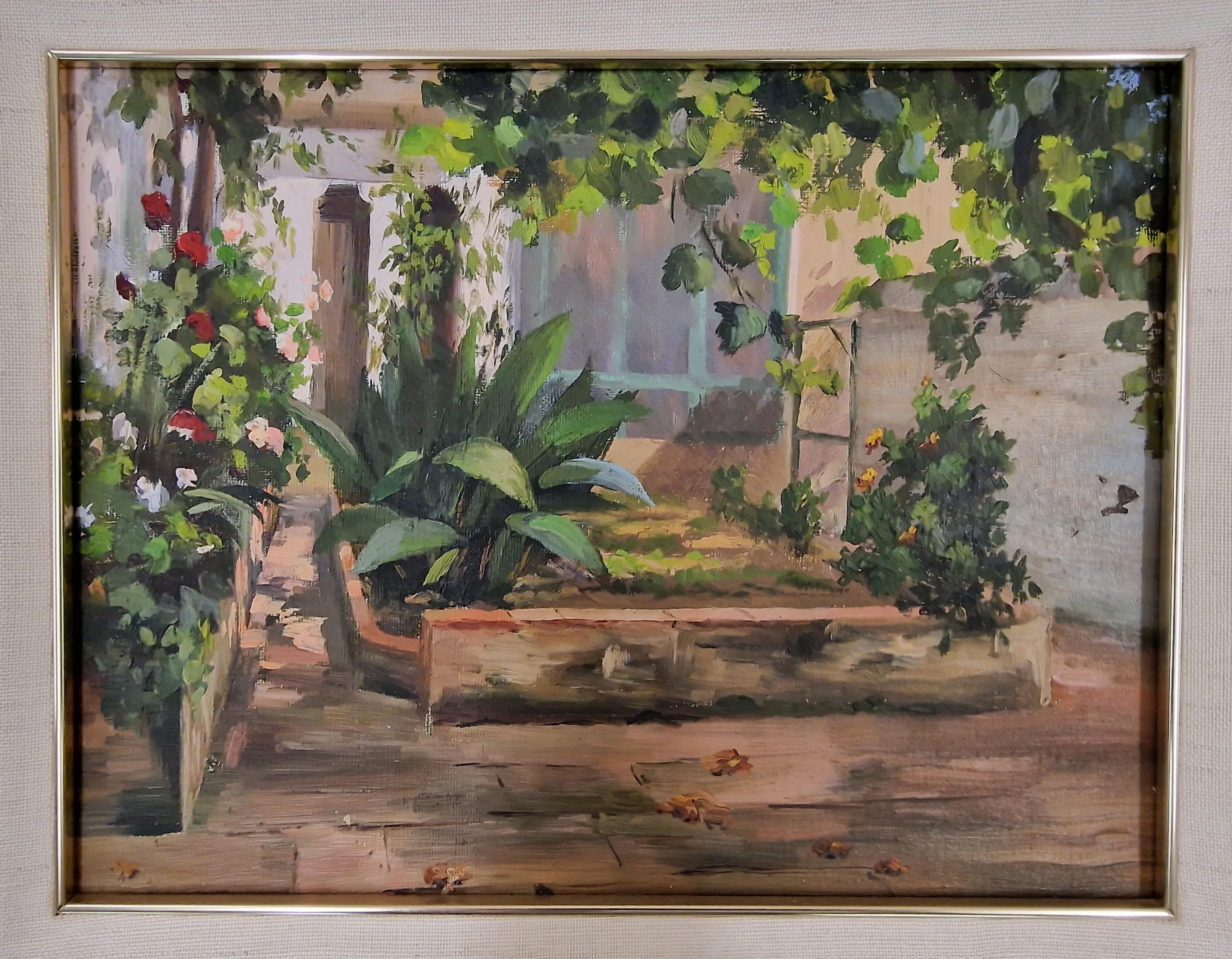 Dekorative Gemälde, Gartenansicht, signiert Herminia Bosch, Österreich, Mitte des Jahrhunderts, Paar (Art déco) im Angebot