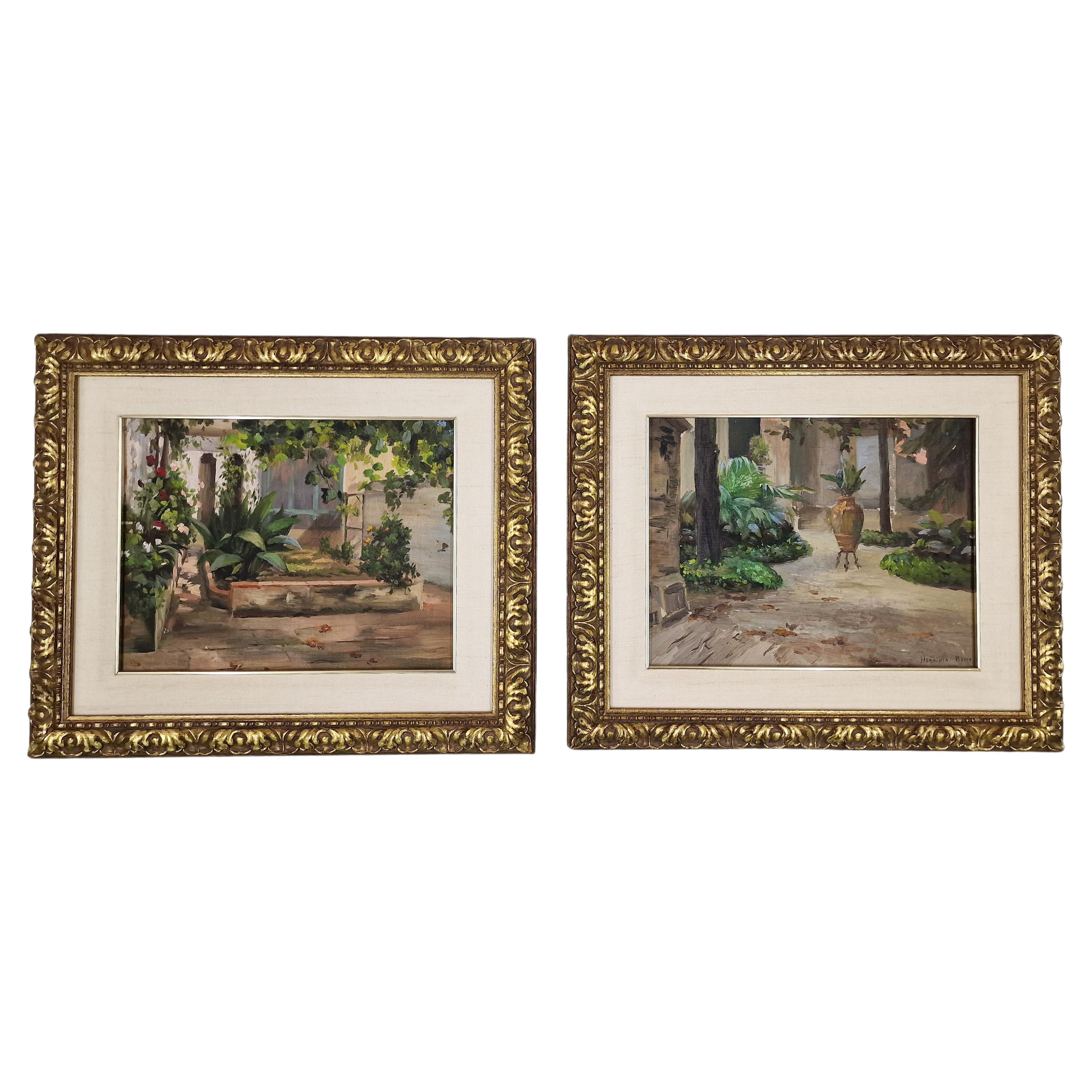 Pair decorative paintings garden view signed Herminia Bosch, Austria Mid Century For Sale