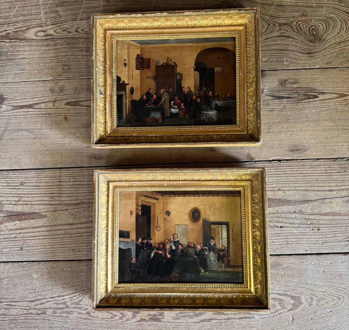 Gemäldepaar, lebhafte Familienszenen, Öl auf Leinwand, frühes 19. im Angebot 6